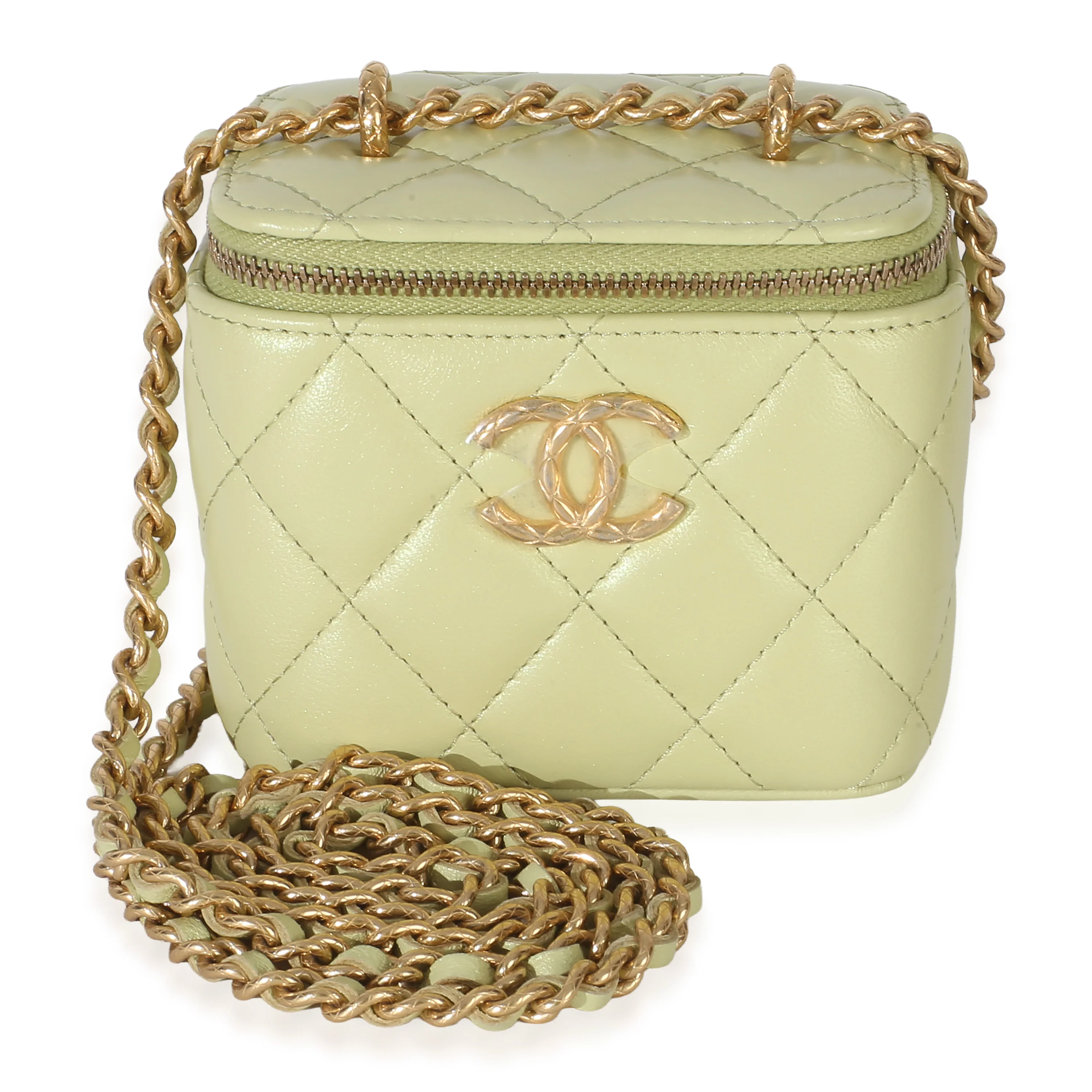 Light Green Quilted Lambskin Dynasty Mini Vanity Case With Chain