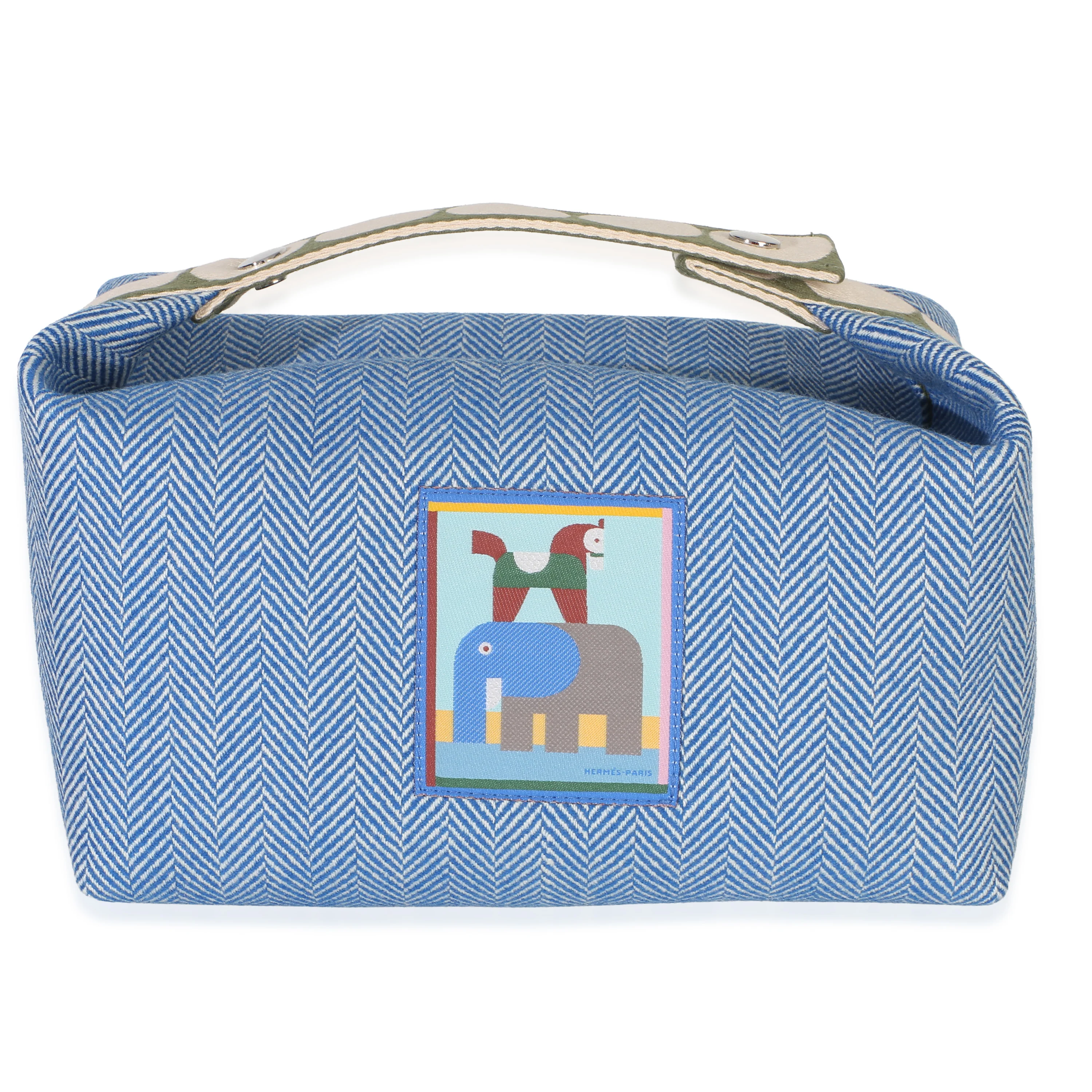 Bleu Gitane Herringbone Wool Animaux Blocks Large Bride-A-Brac Pouch