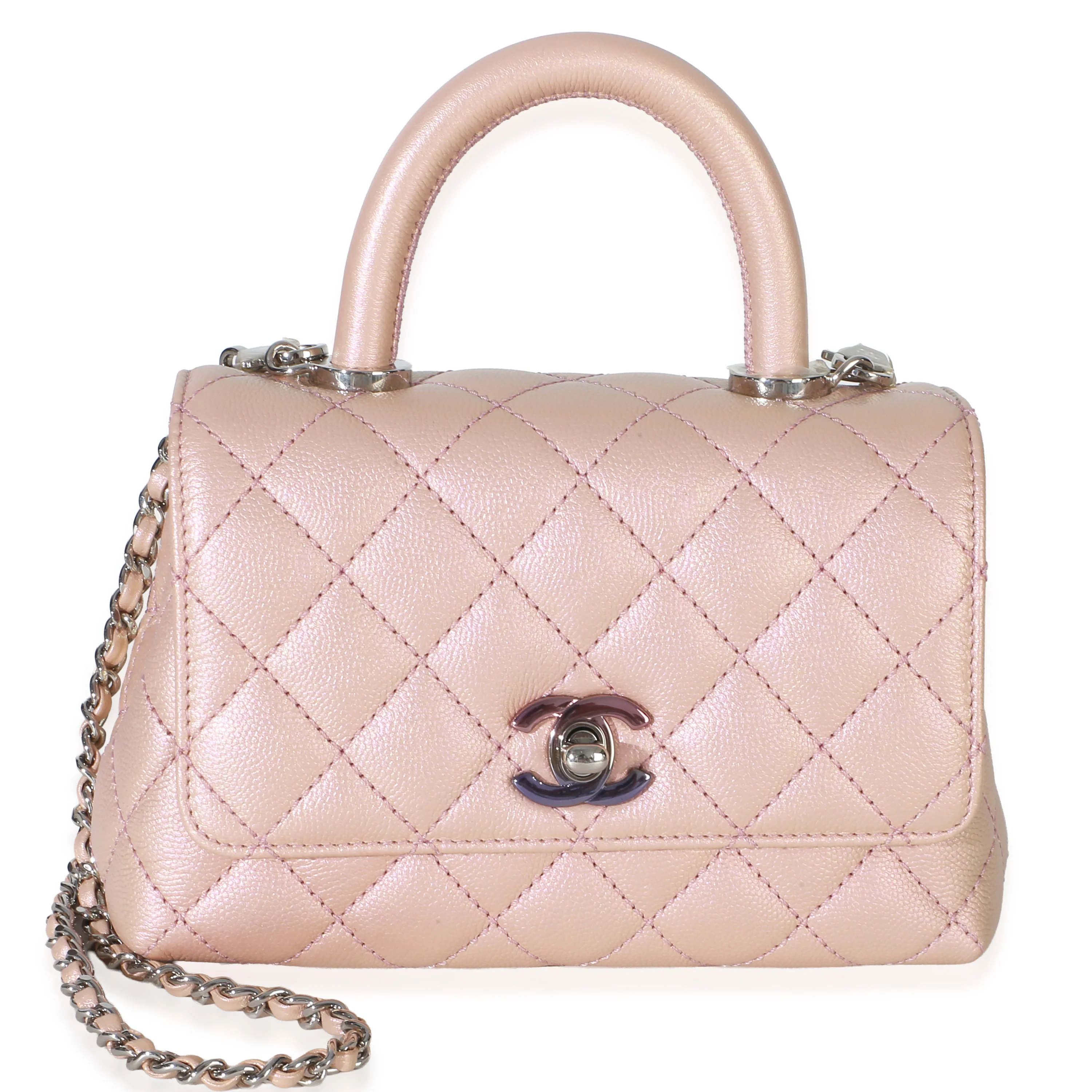 Light Pink Iridescent Quilted Caviar Mini Coco Top Handle Flap Bag