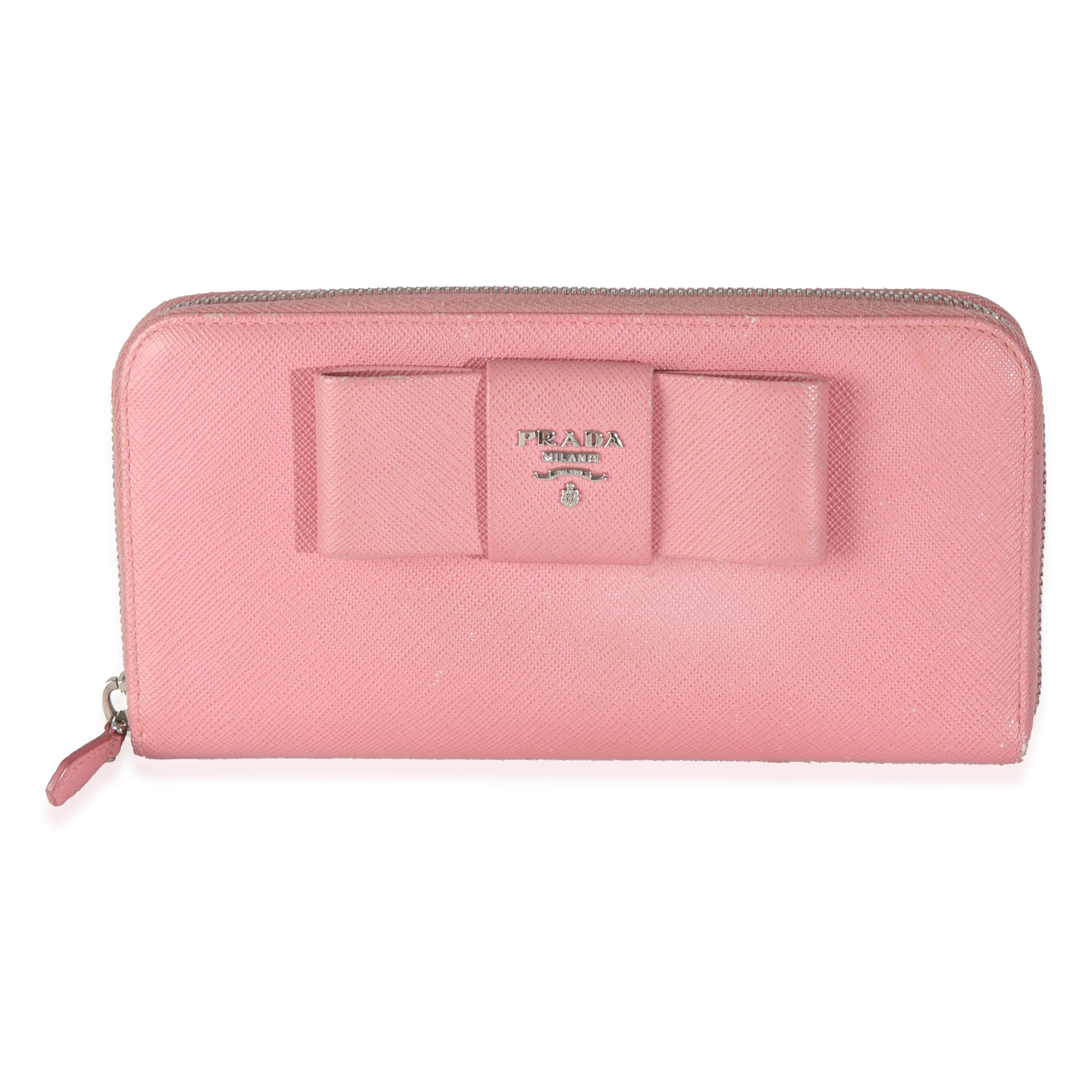 Pink Saffiano Bow Zip Around Continental Wallet