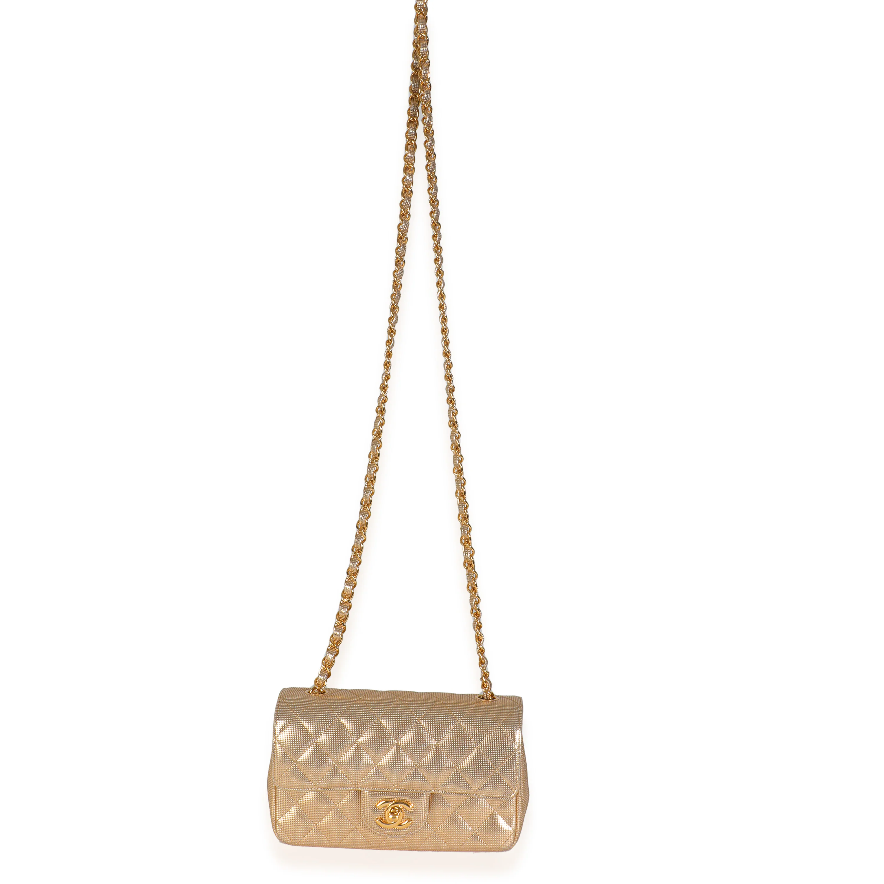 Gold Metallic Lambskin Perforated Mini Rectangular Flap Bag - Image 9