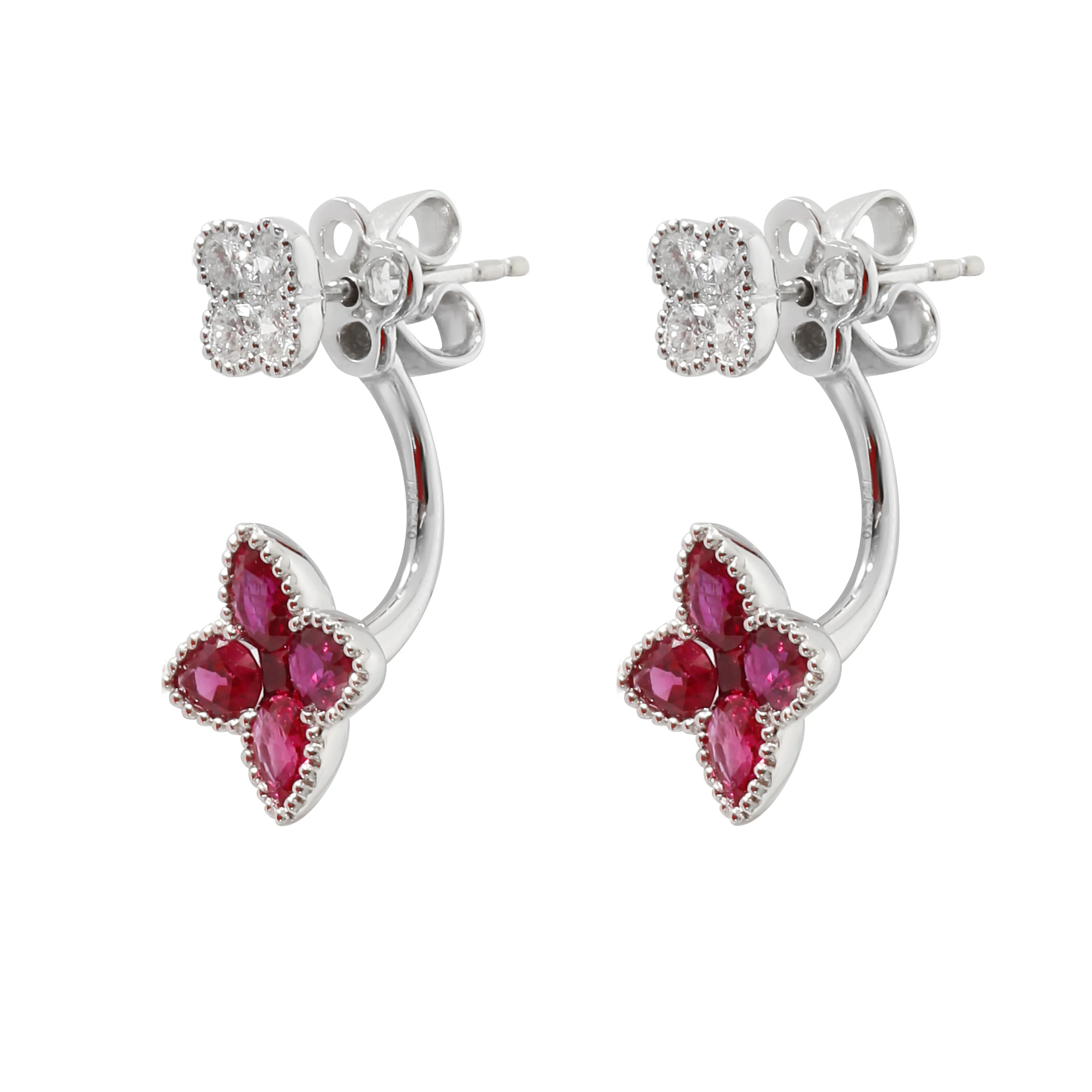 18K White Gold Diamond & Ruby Flower Drop Earrings, .43 Ctw. - Image 2