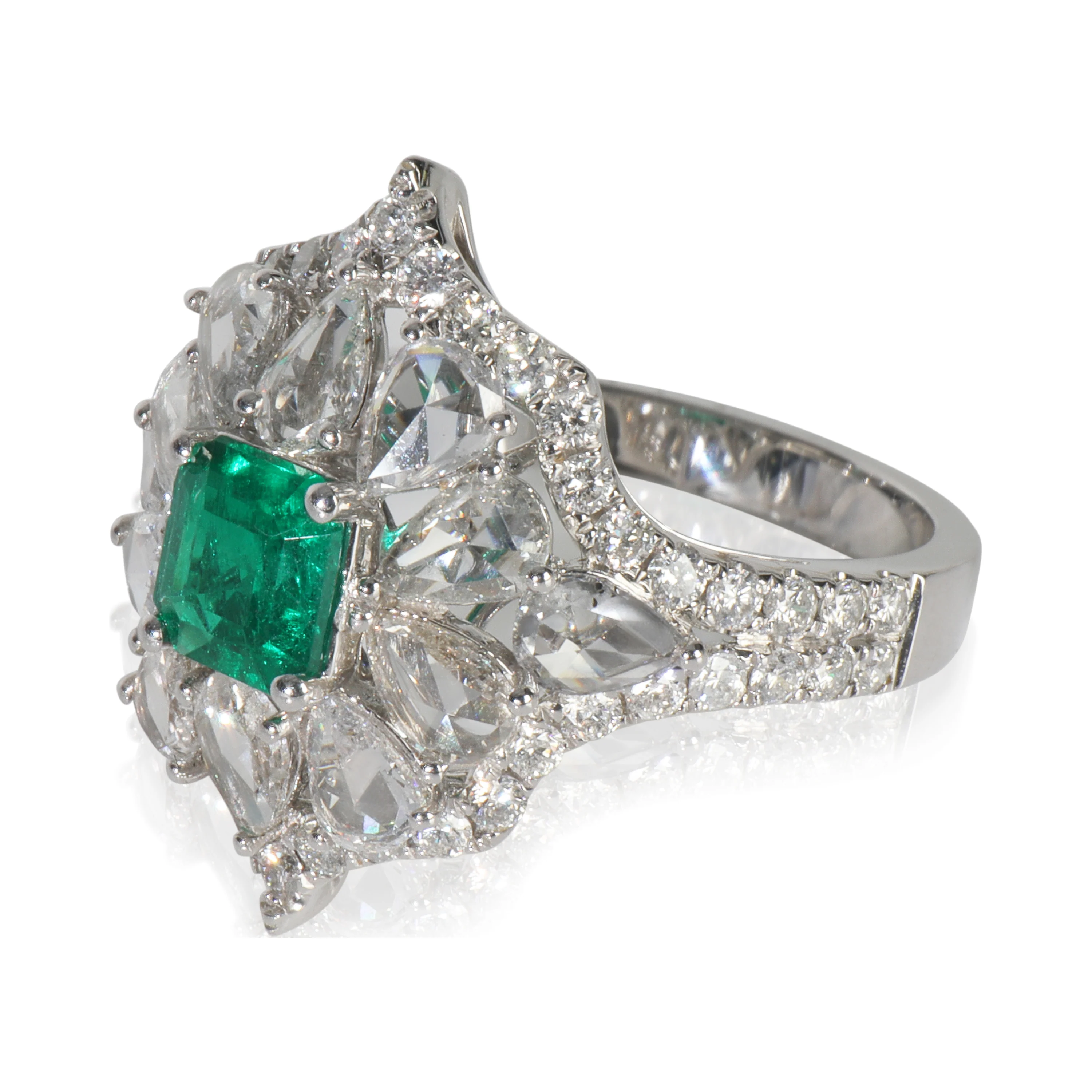 White Gold Emerald and Diamond Cocktail Ring - Image 2