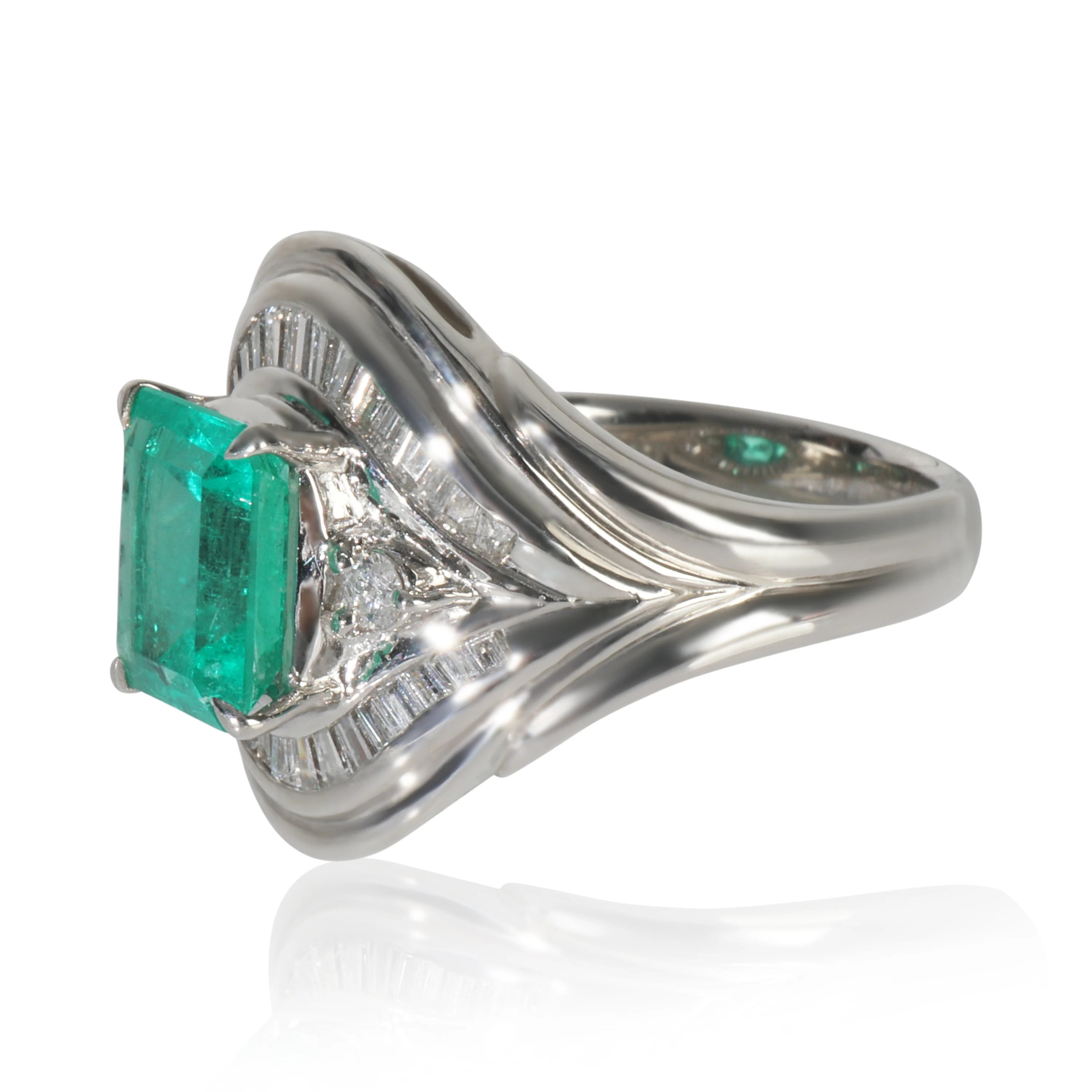 Platinum Emerald and Diamond Vintage Cocktail Ring - Image 2