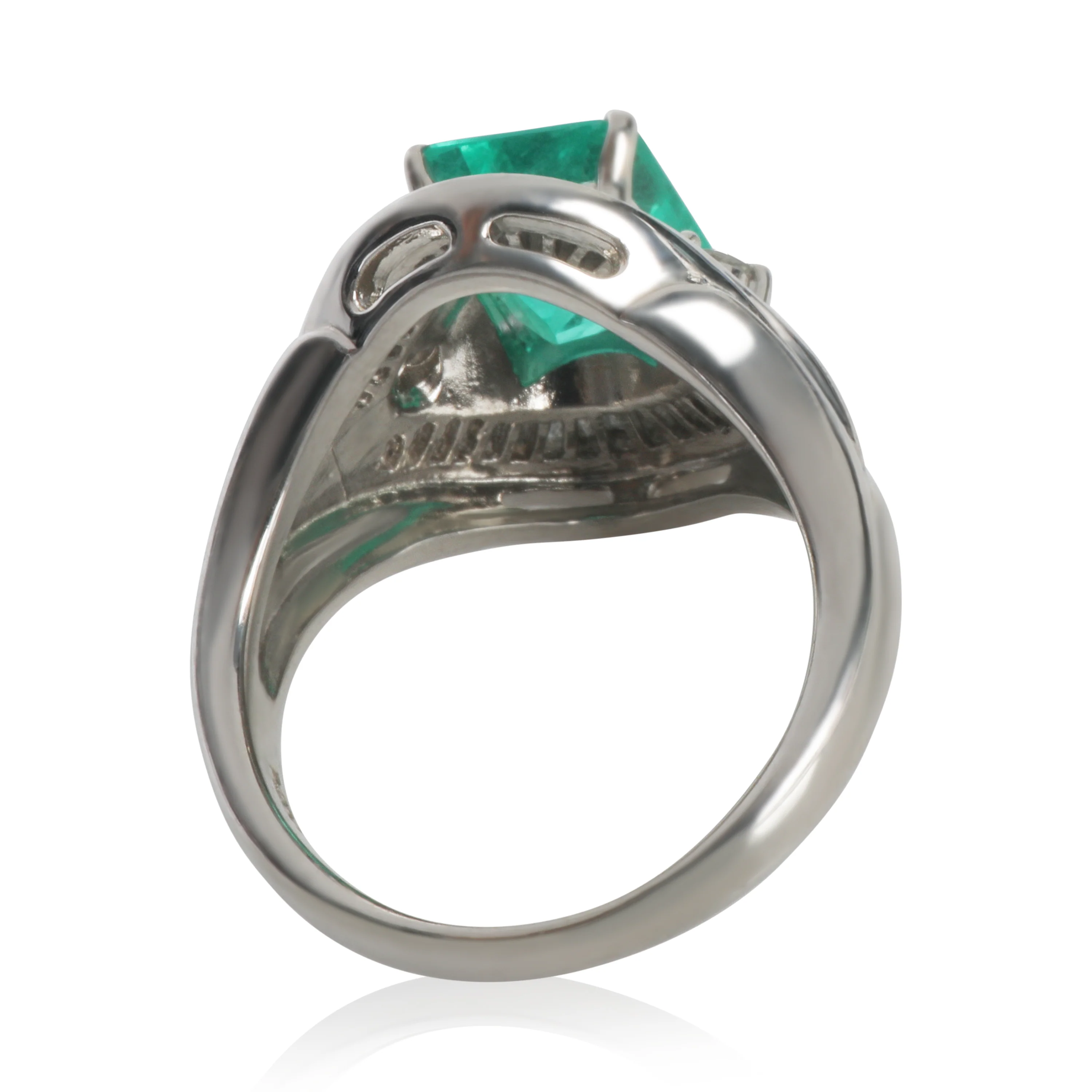 Platinum Emerald and Diamond Vintage Cocktail Ring - Image 3