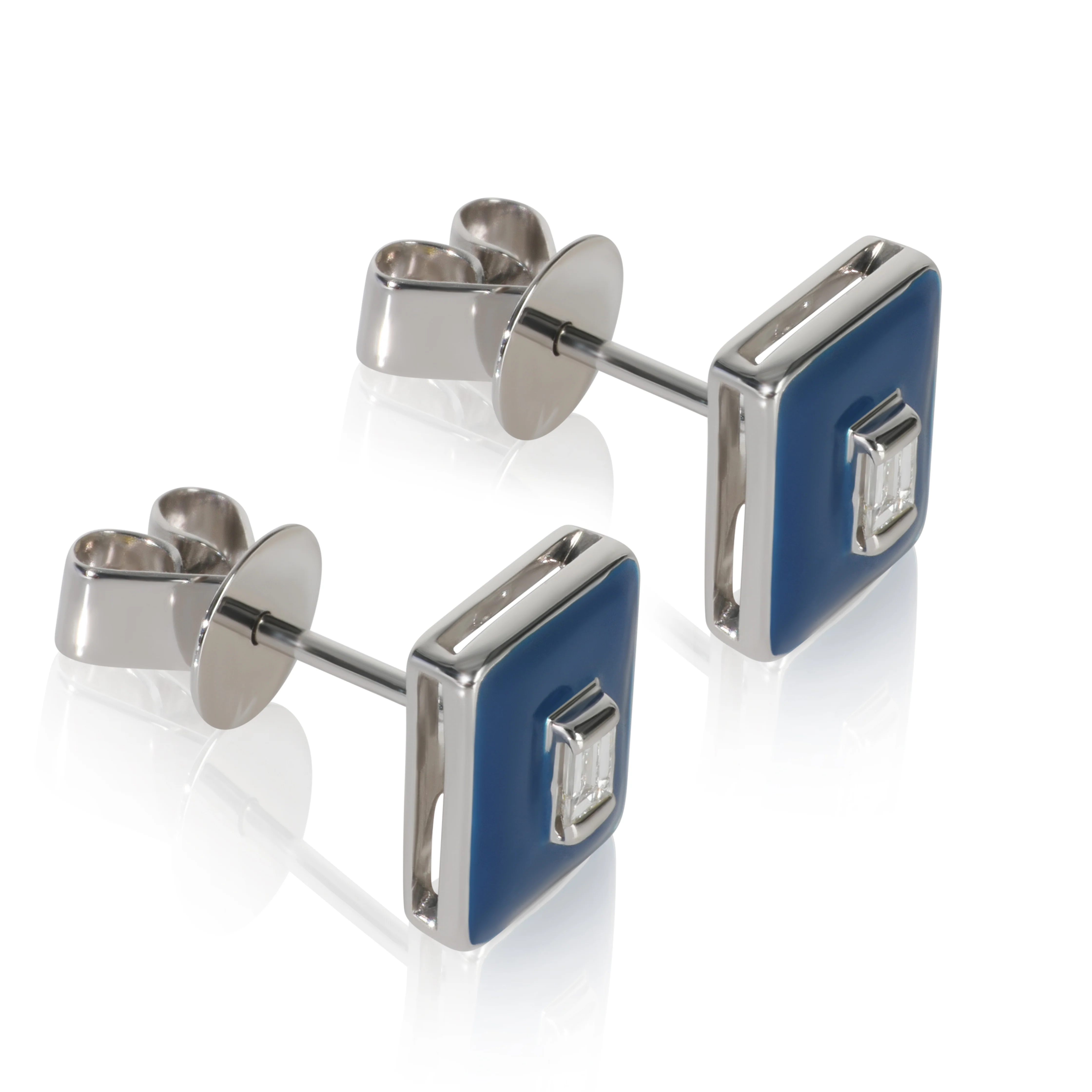 White Gold Diamond Blue Enamel Earrings - Image 2
