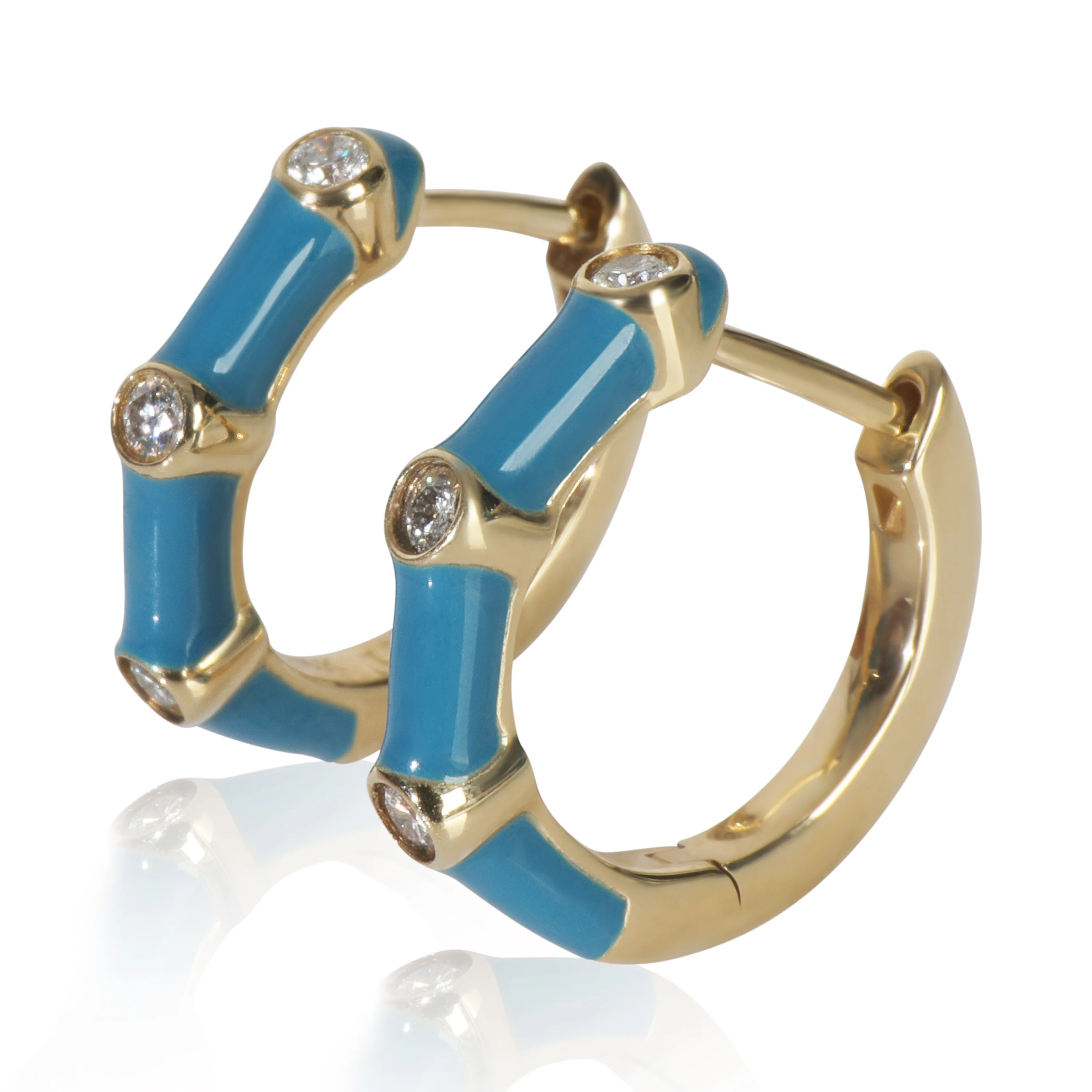 Yellow Gold Diamond Blue Enamel Huggie Earrings - Image 2