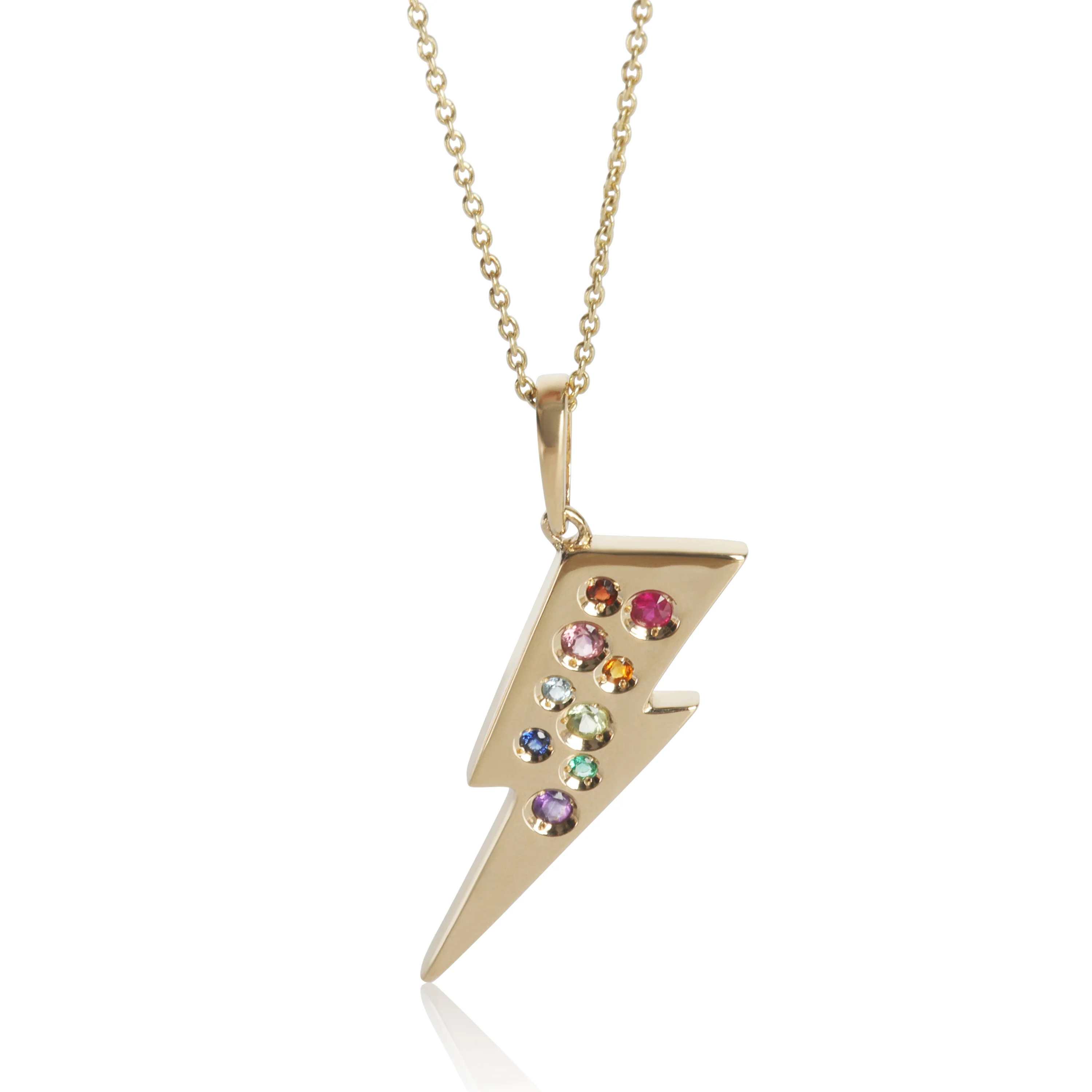 Yellow Gold Lightening Bolt With Rainbow Gemstones Pendant