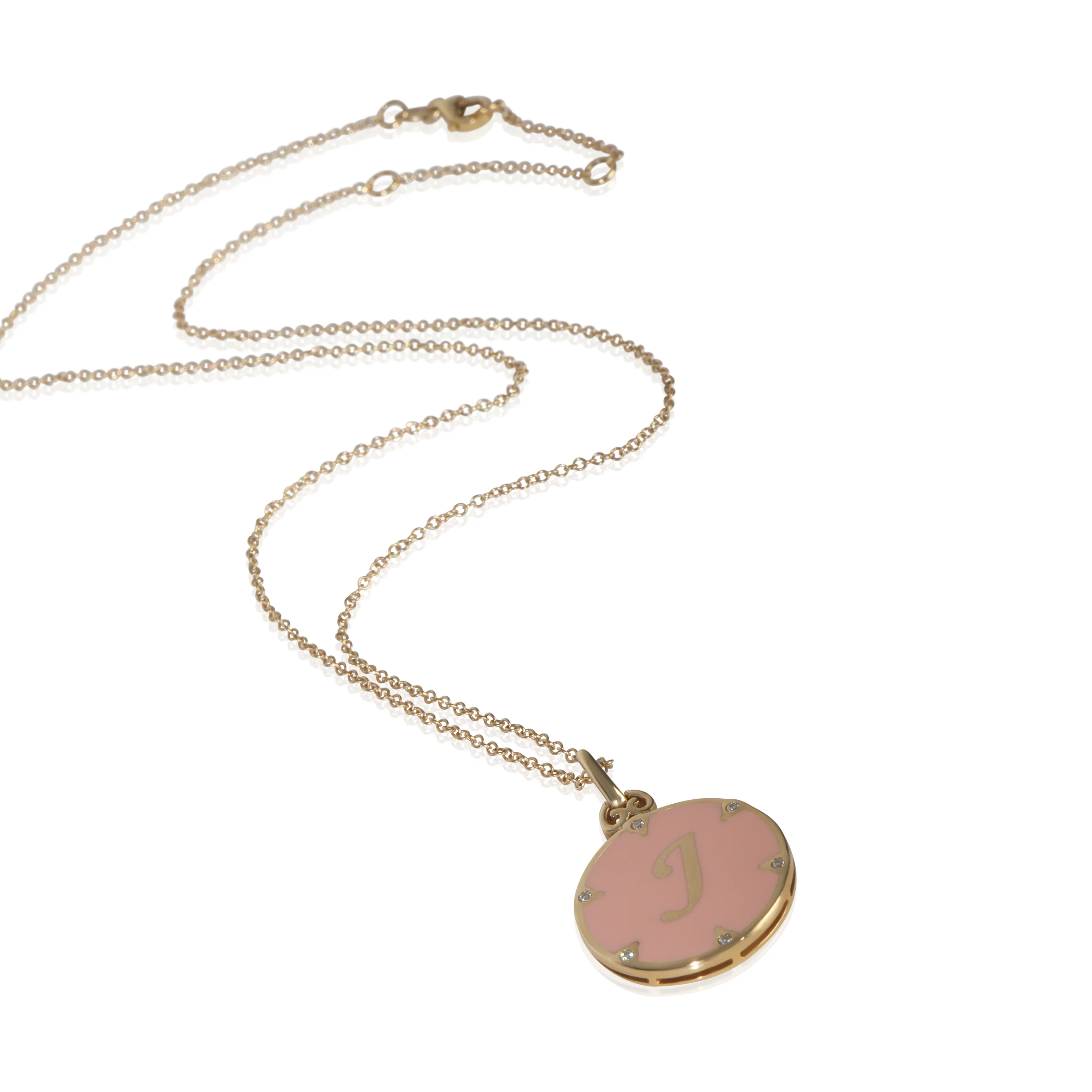 Yellow Gold Diamond Pink Enamel Initial J Pendant - Image 3