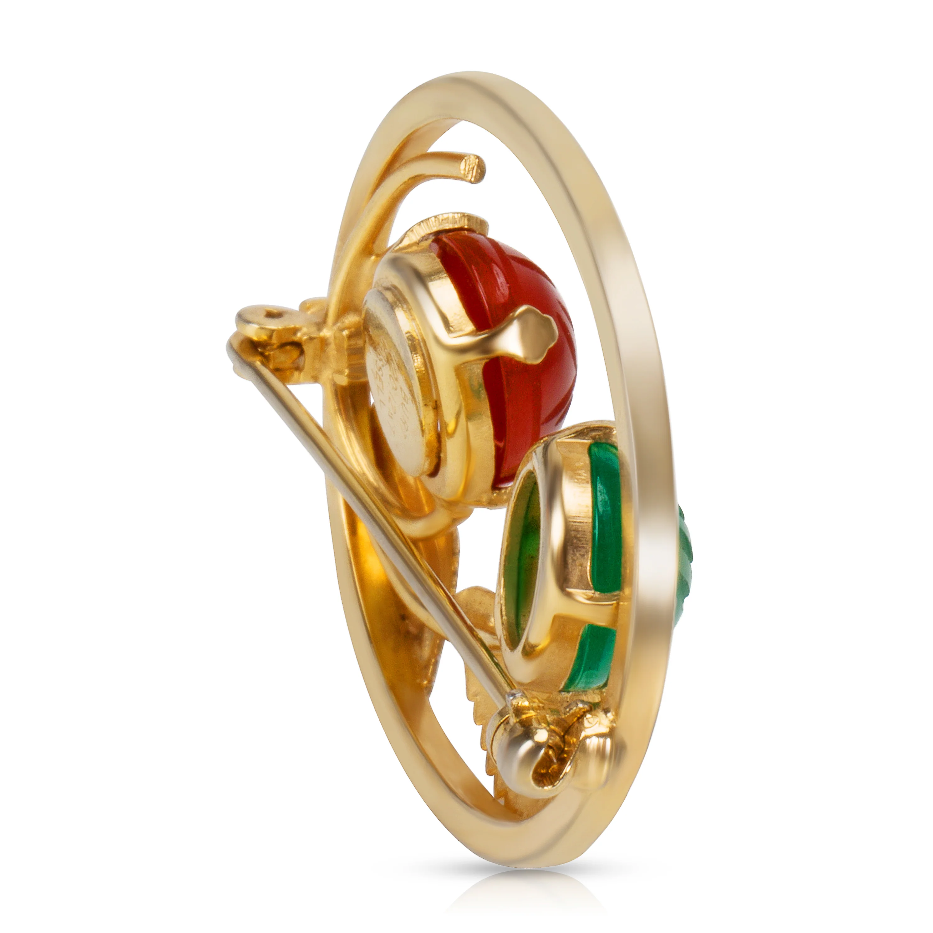 12K Gold Filled Burt Cassell Mid-Century Vintage Jade & Carnelian Scarab Brooch - Image 2