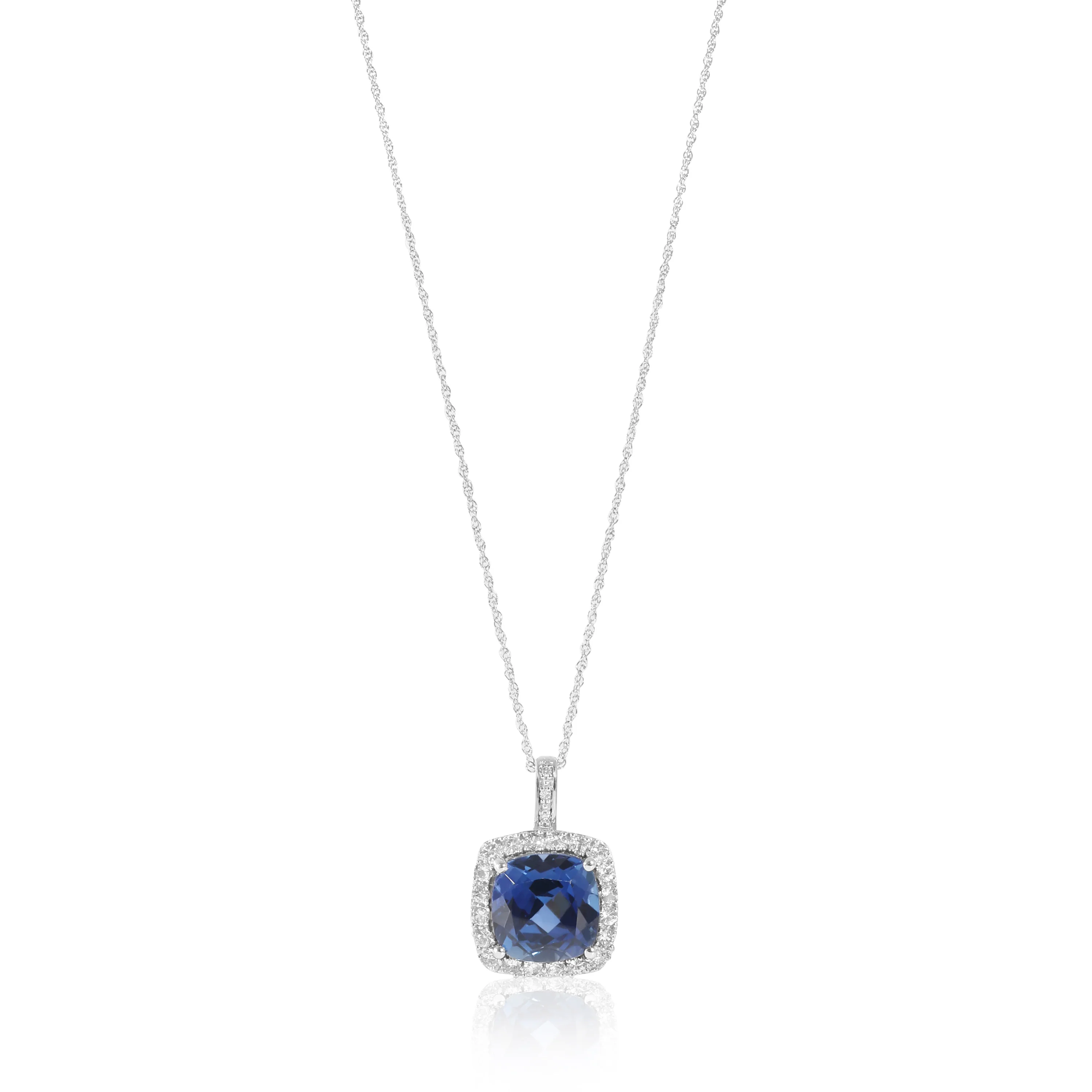 Diamond and Created Sapphire Halo Pendant on Chain in 10K White Gold (1/2 CTW)