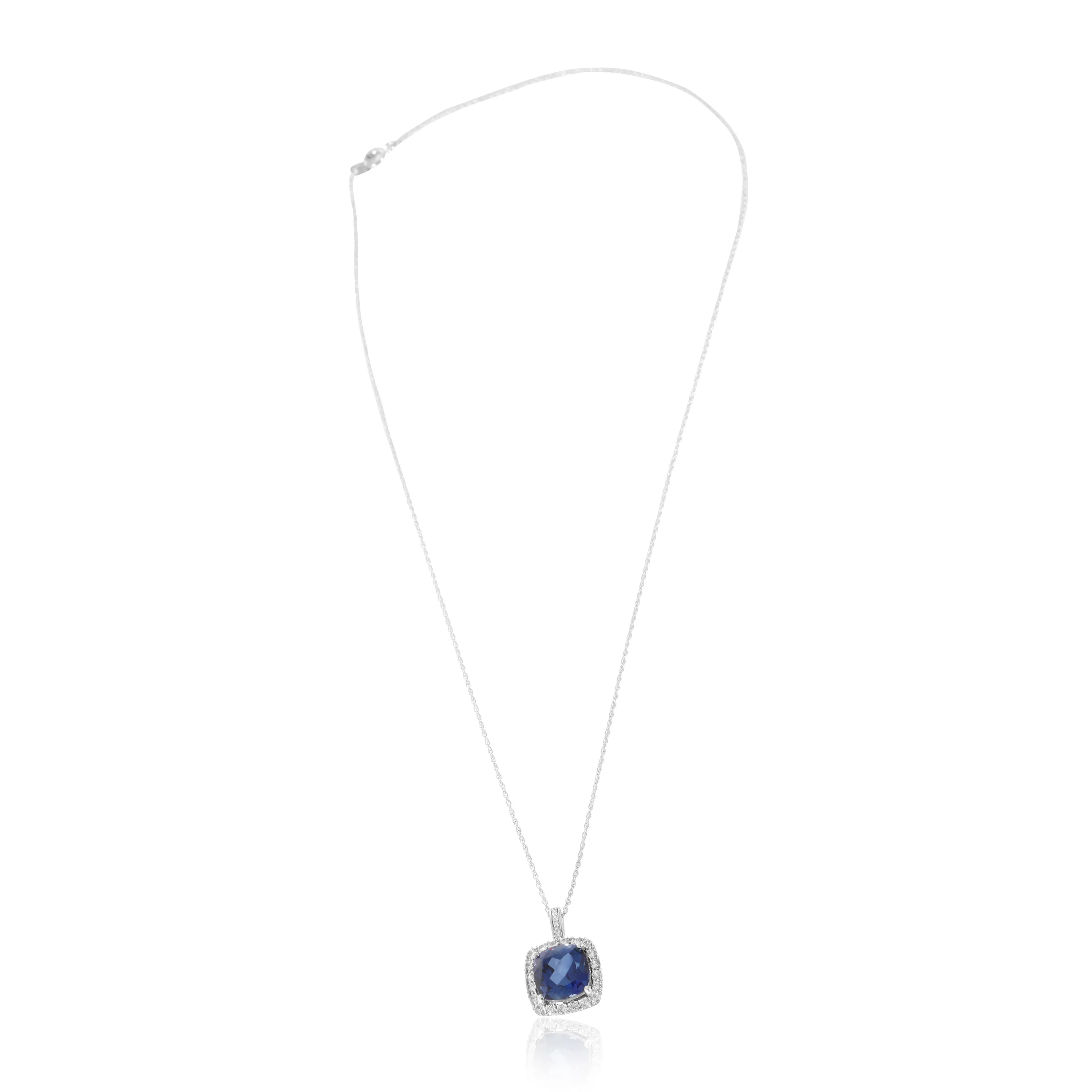 Diamond and Created Sapphire Halo Pendant on Chain in 10K White Gold (1/2 CTW) - Image 2