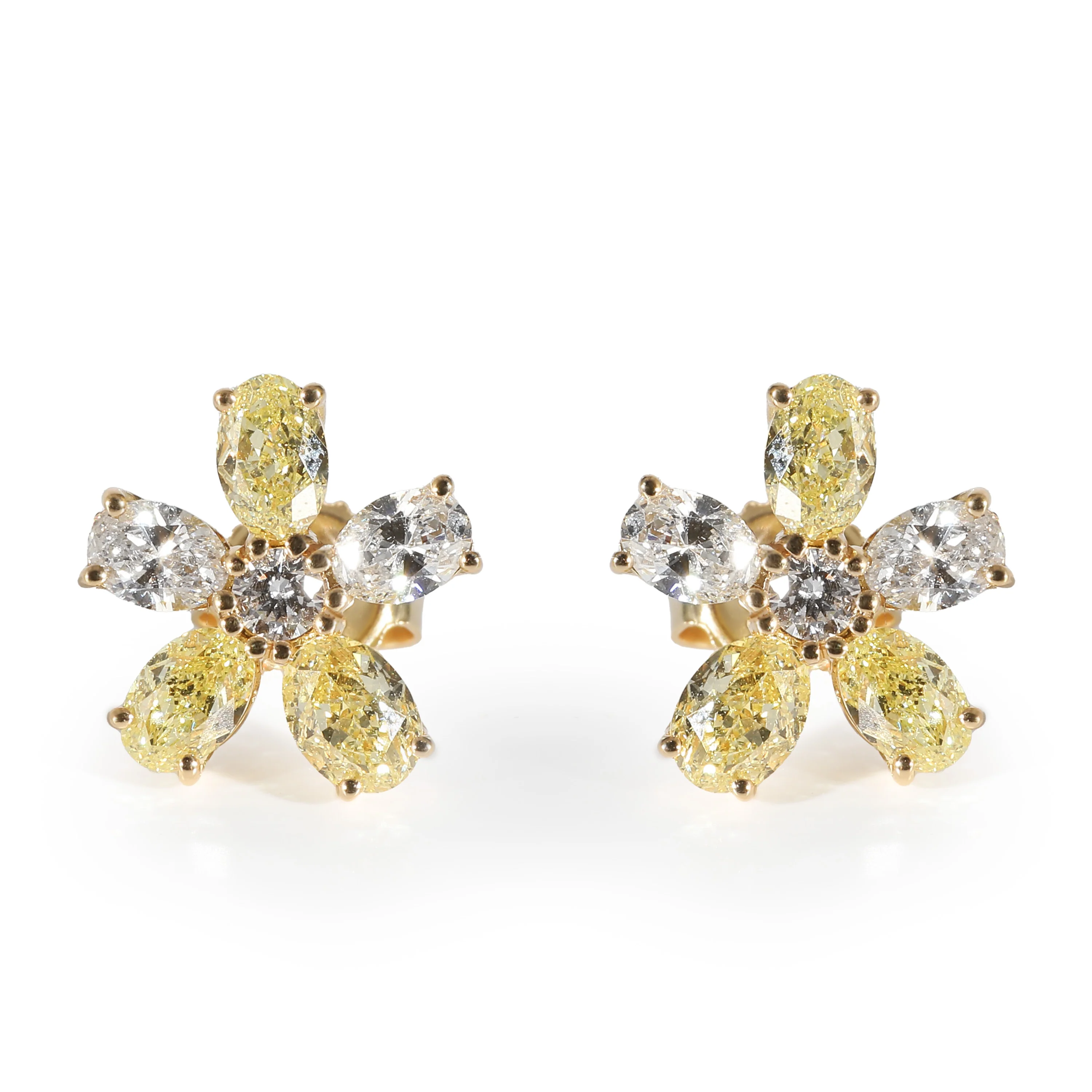 White & Fancy Yellow Diamond Flower Earrings in 18K Yellow Gold 2.14 ctw