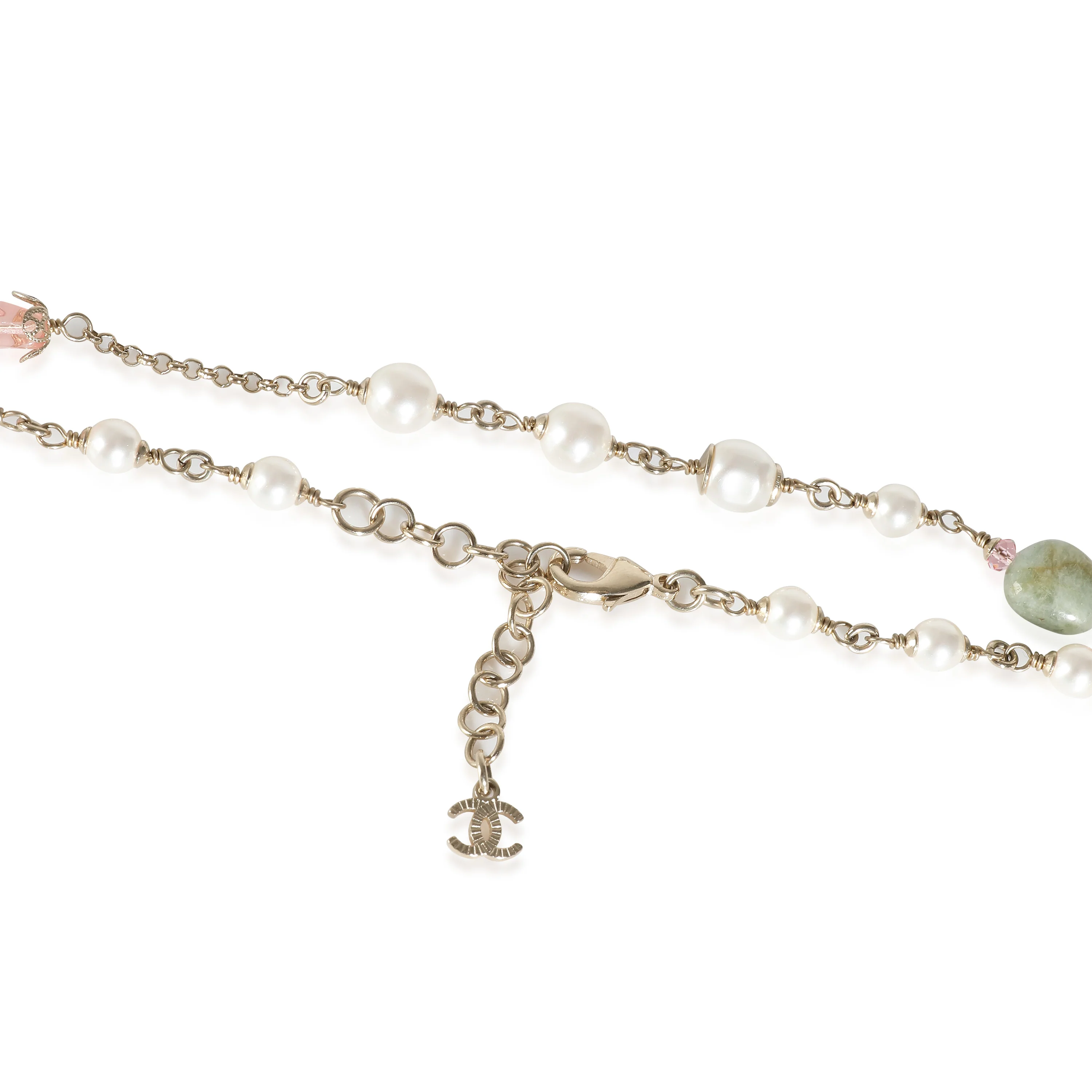2022 Long Faux Pearl, Gripoix & Strass CC Yellow Gold Plated Necklace - Image 3