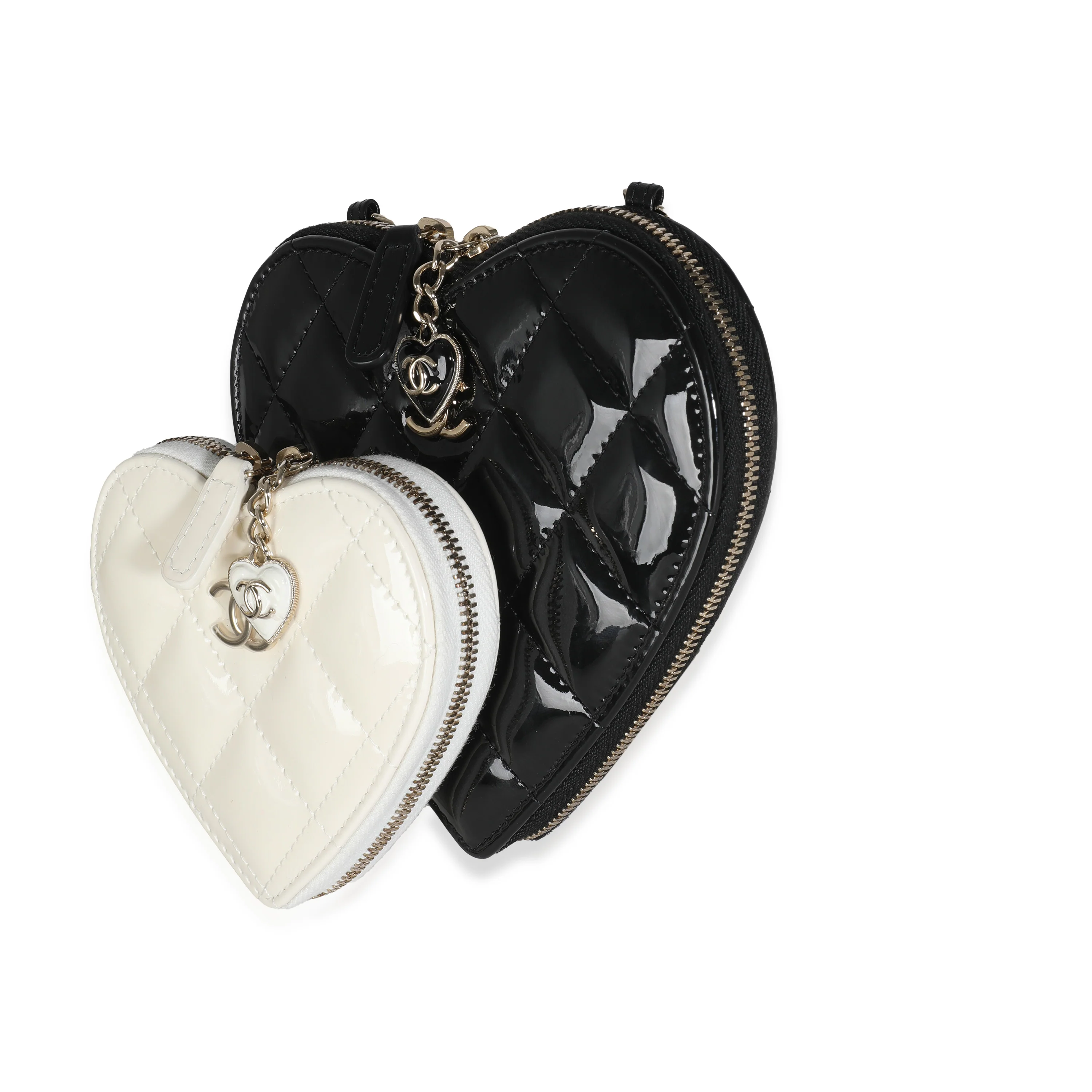 Black White Quilted Patent Heart Clutch With Chain - Image 2