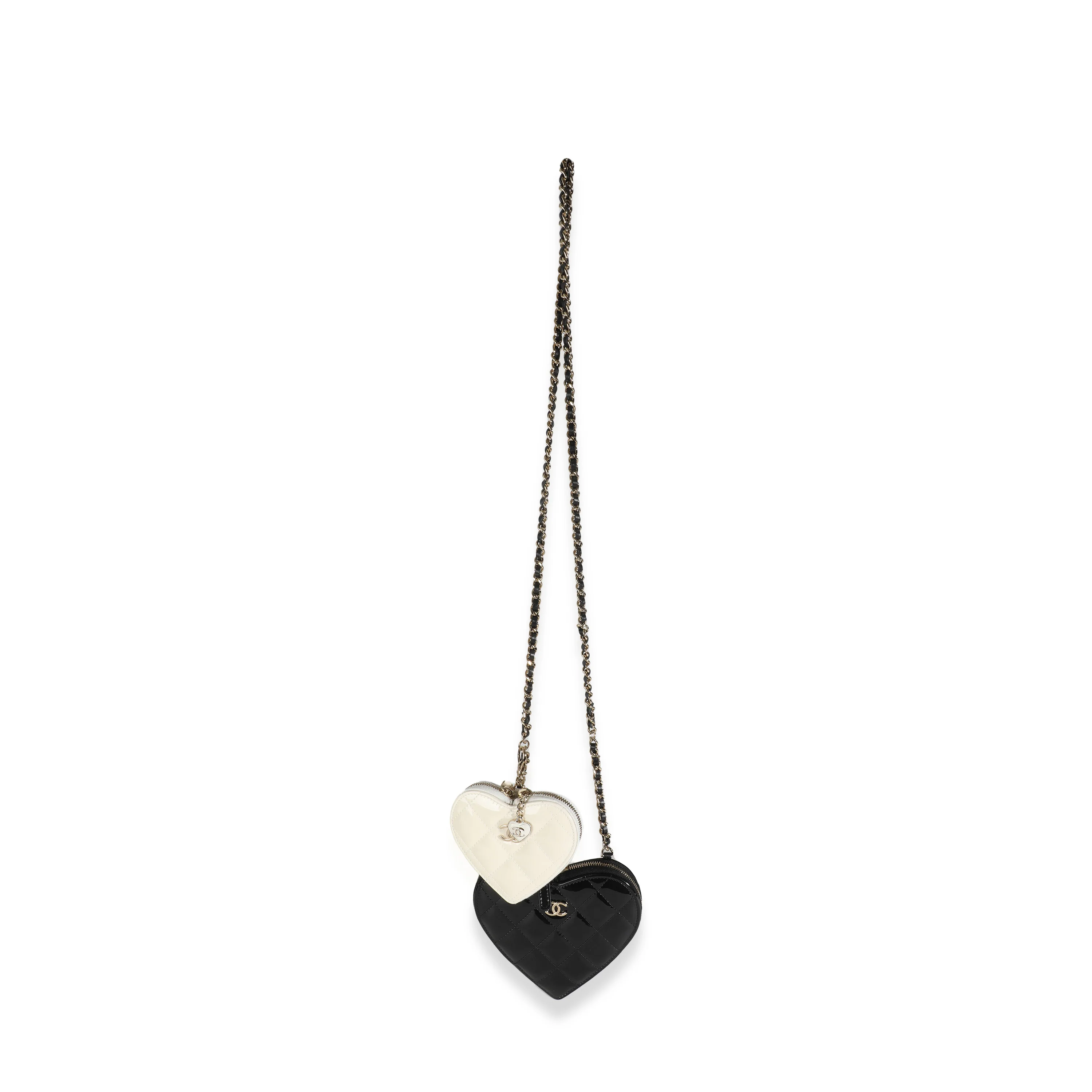 Black White Quilted Patent Heart Clutch With Chain - Image 3