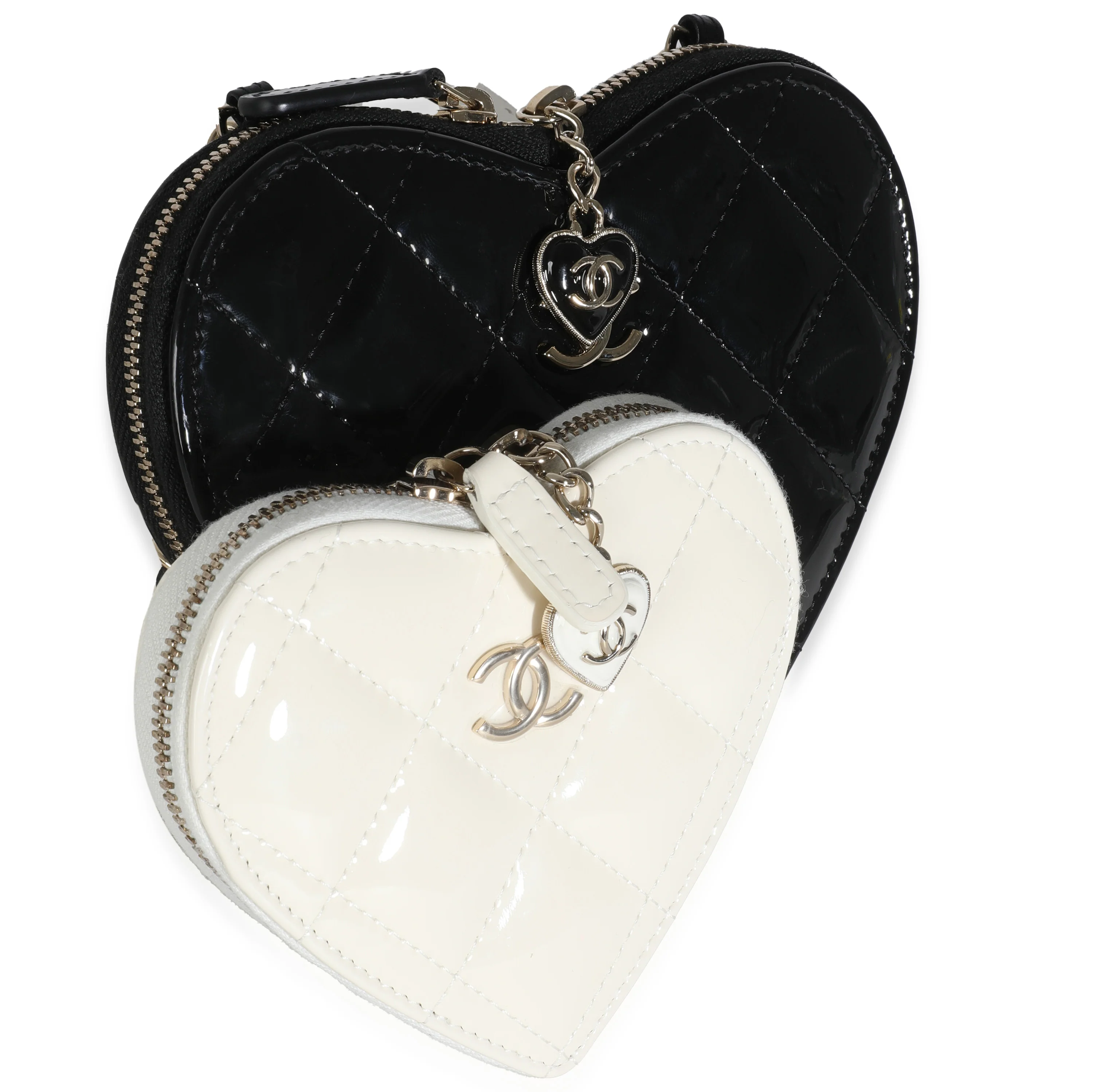 Black White Quilted Patent Heart Clutch With Chain - Image 8