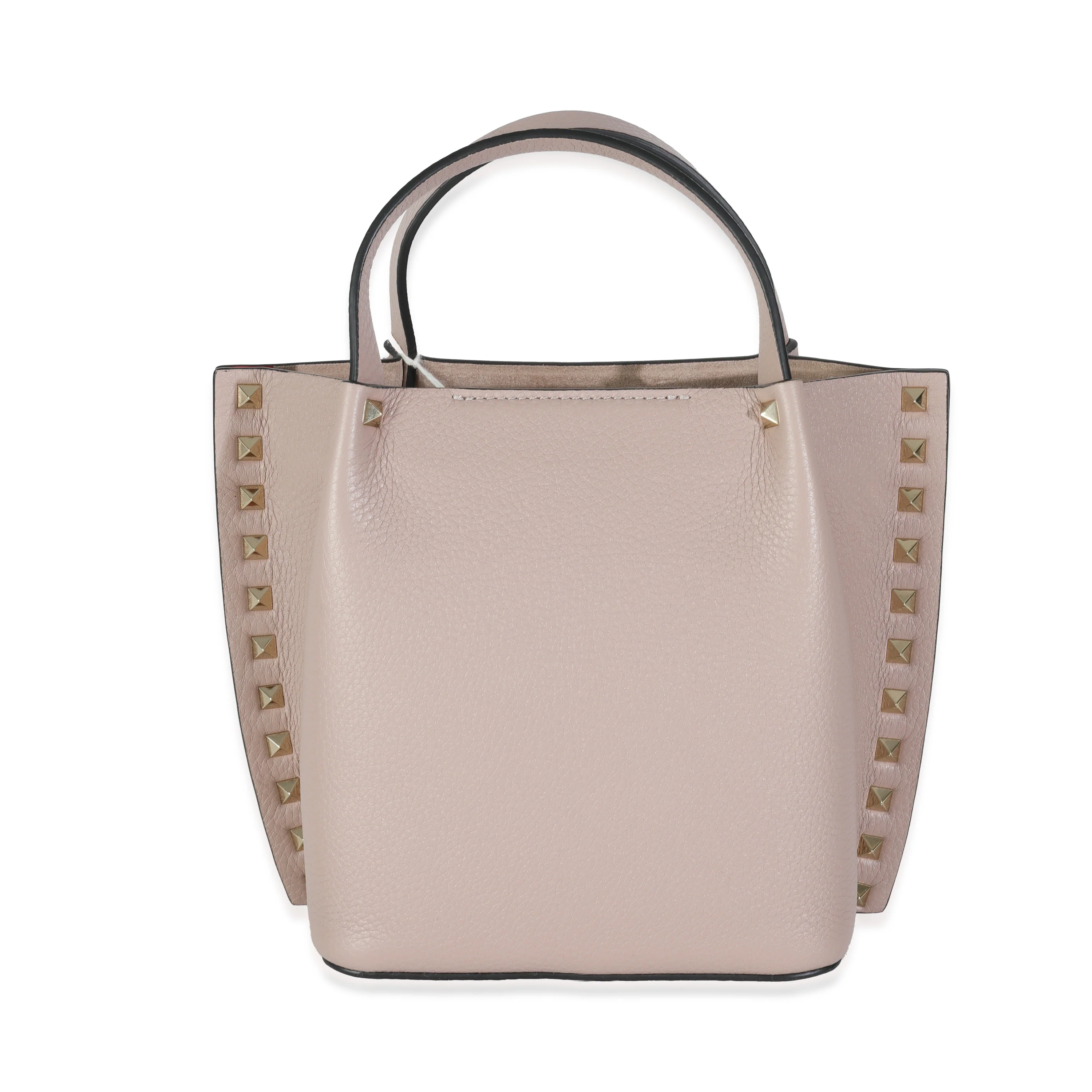 Beige Leather Small Rockstud Top Handle Tote - Image 4