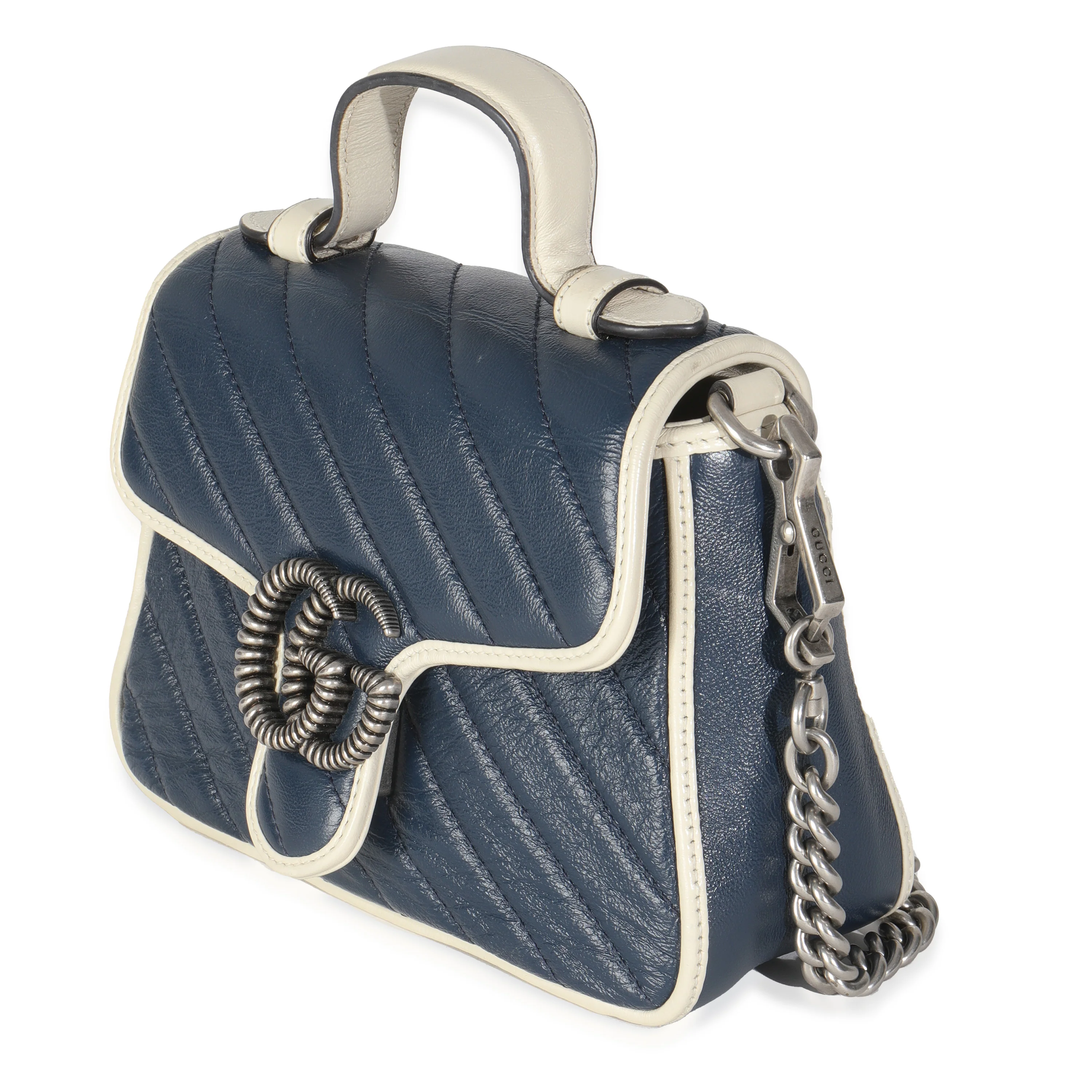 Blue Calfskin Diagonal Matelasse Mini Torchon GG Marmont Top Handle Bag - Image 2