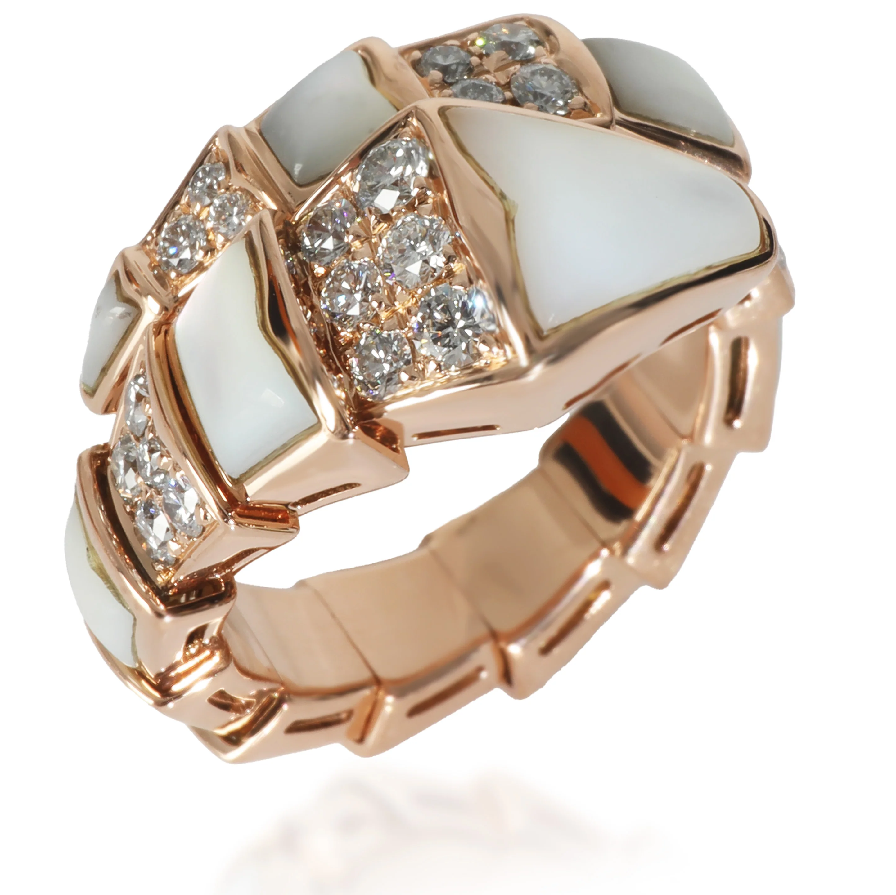 Rose Gold Mother Of Pearl and Diamond Serpenti Viper Ring - Image 2