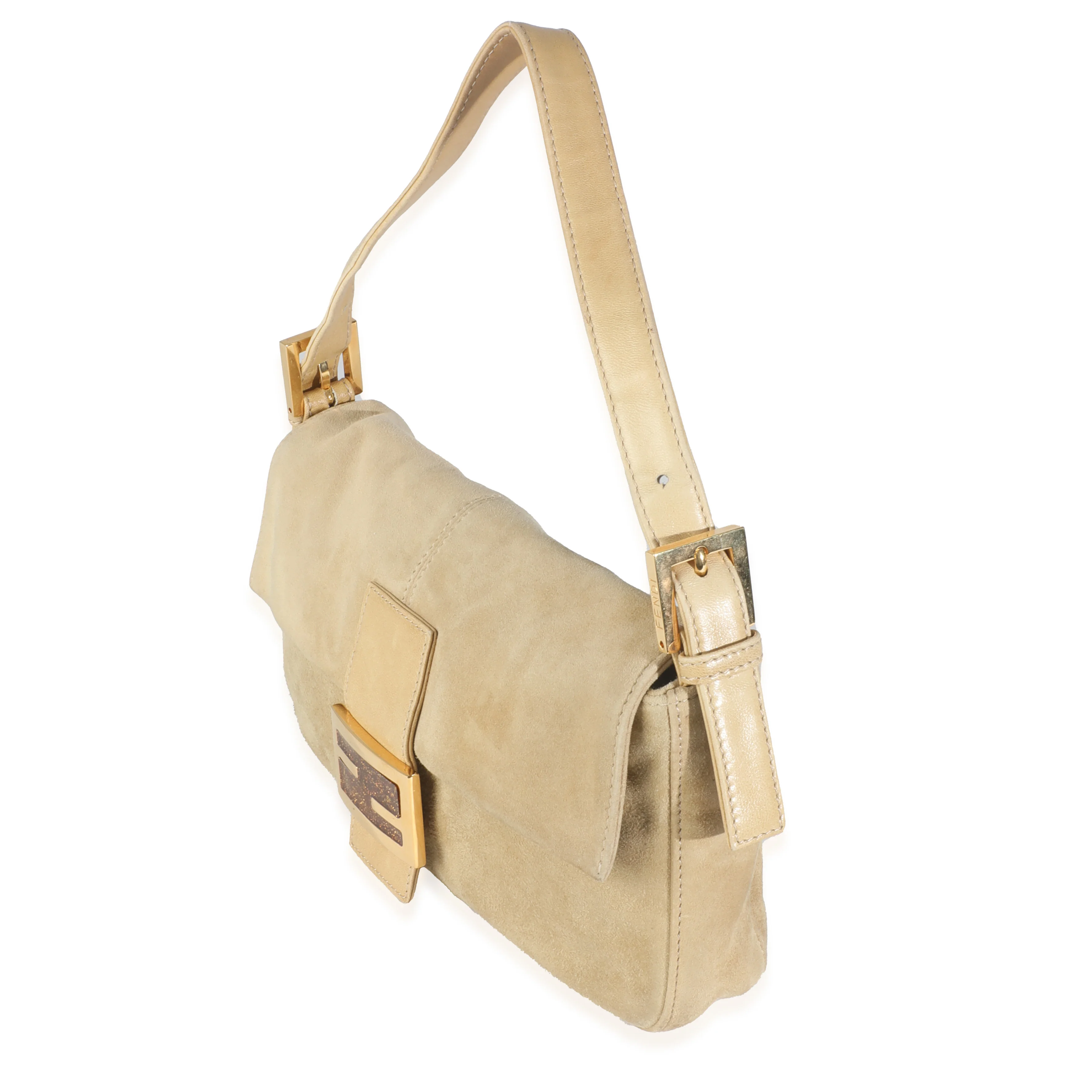 Beige Suede Glitter Enamel Resin Baguette Bag - Image 2