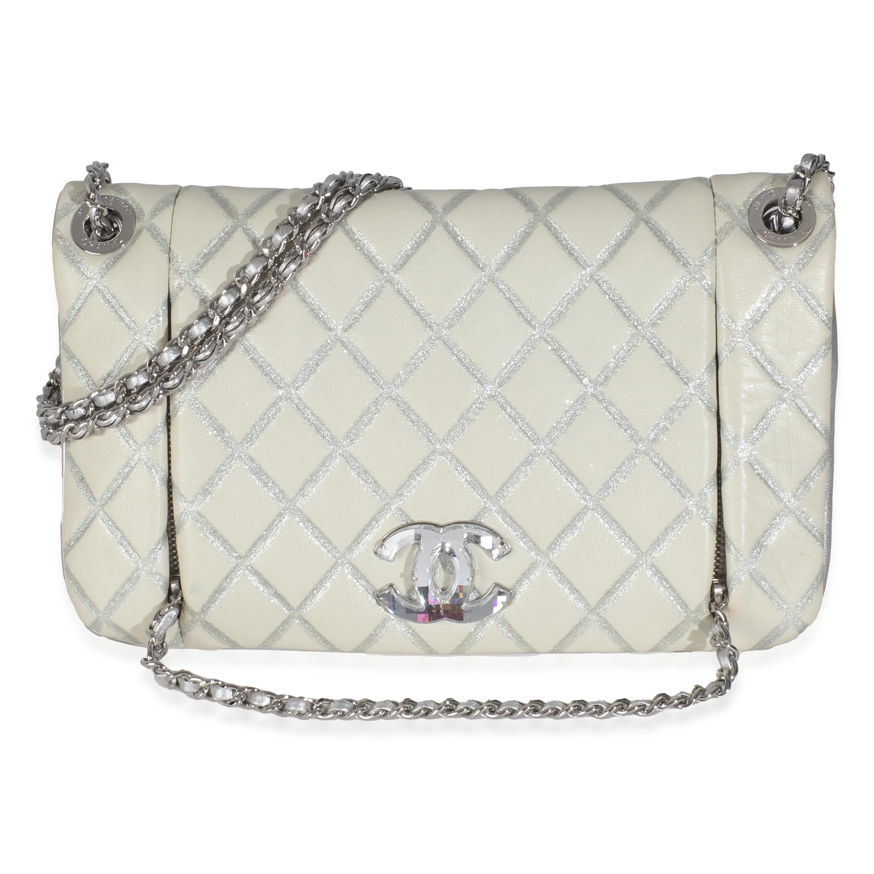 Ivory Metallic Distressed Lambskin Quilted CC Flap Bag