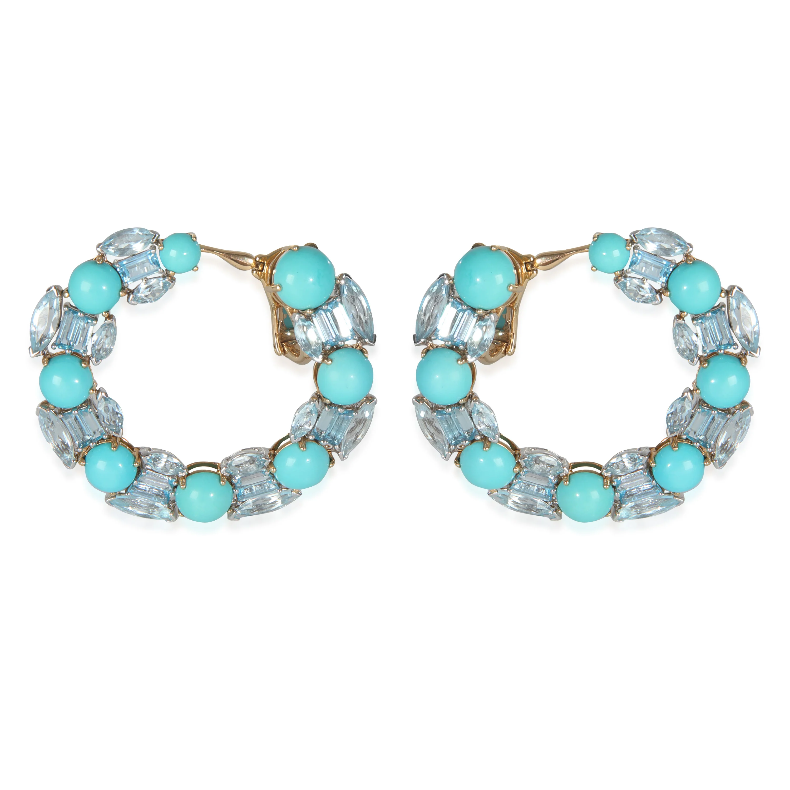White Gold & Yellow Gold Turquoise and Blue Topaz Hoop Earrings