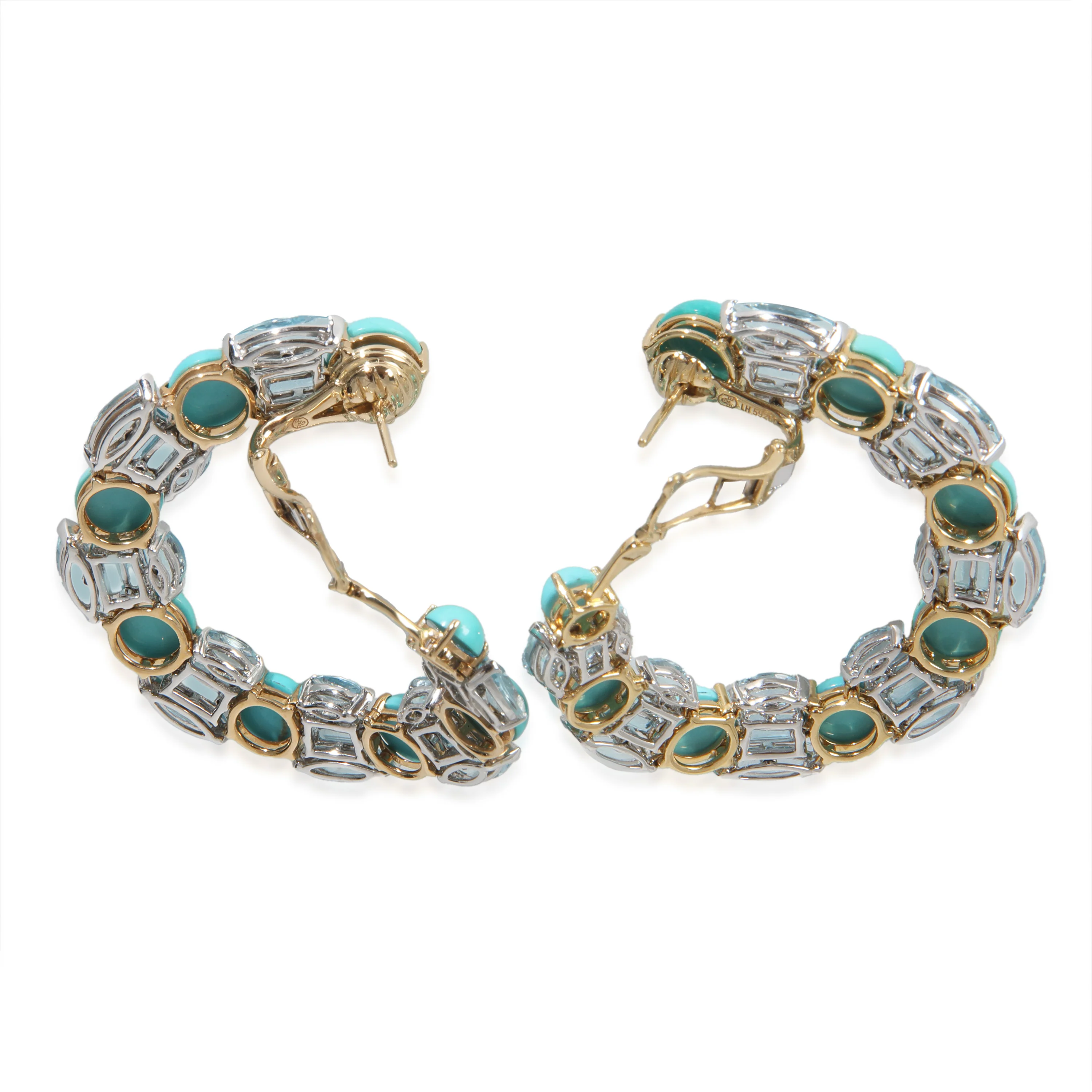 White Gold & Yellow Gold Turquoise and Blue Topaz Hoop Earrings - Image 3