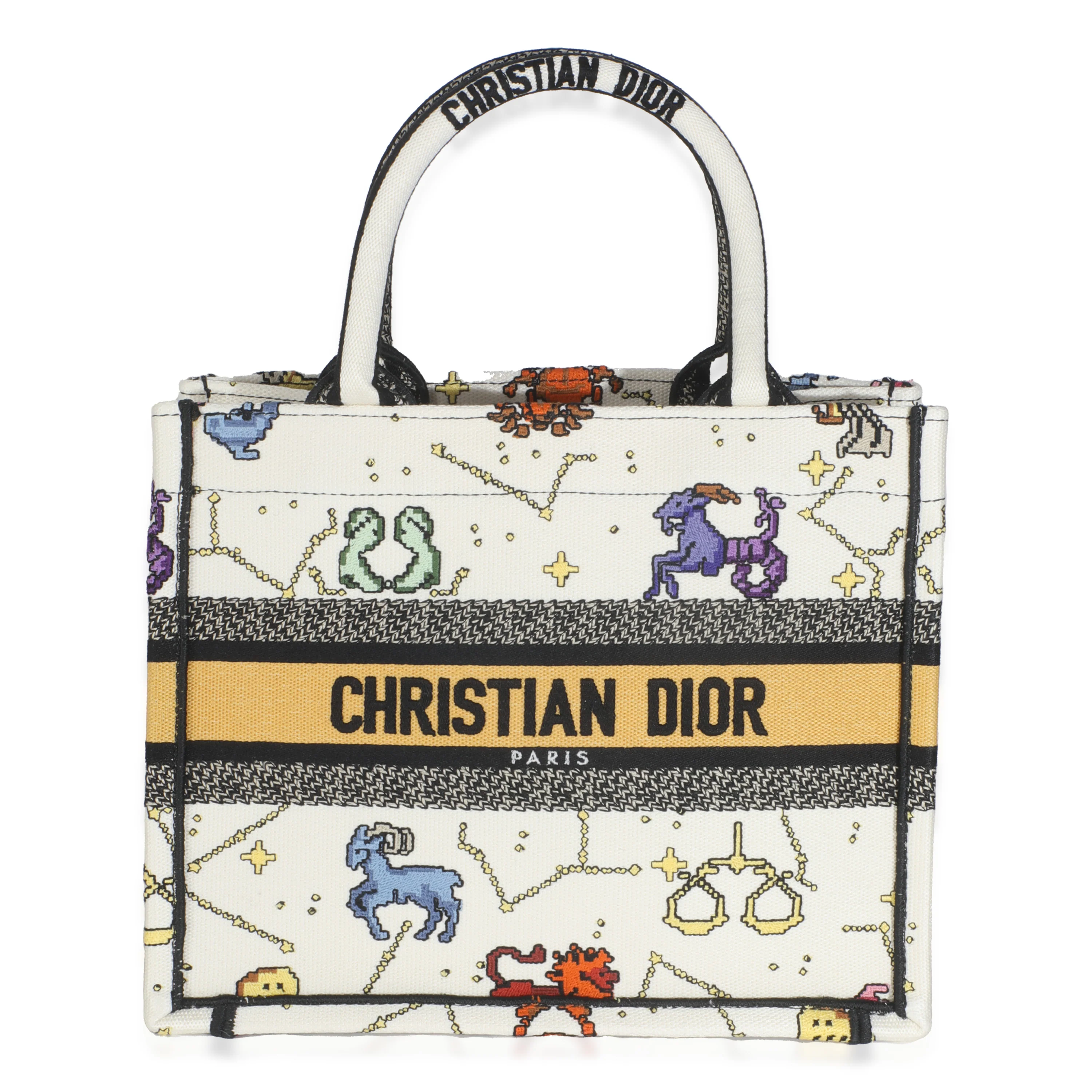 Multicolor Canvas Embroidered Pixel Zodiac Small Book Tote