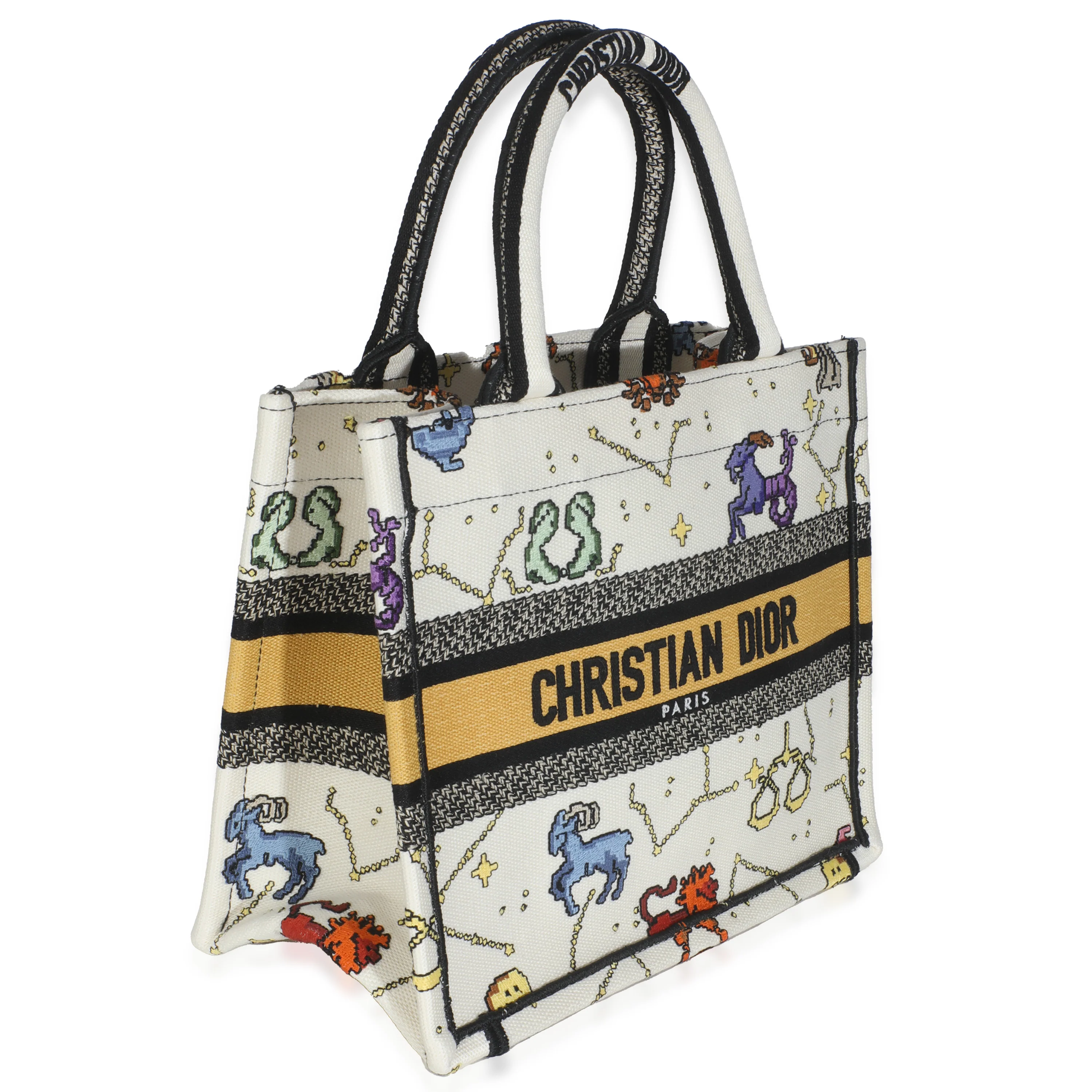 Multicolor Canvas Embroidered Pixel Zodiac Small Book Tote - Image 3