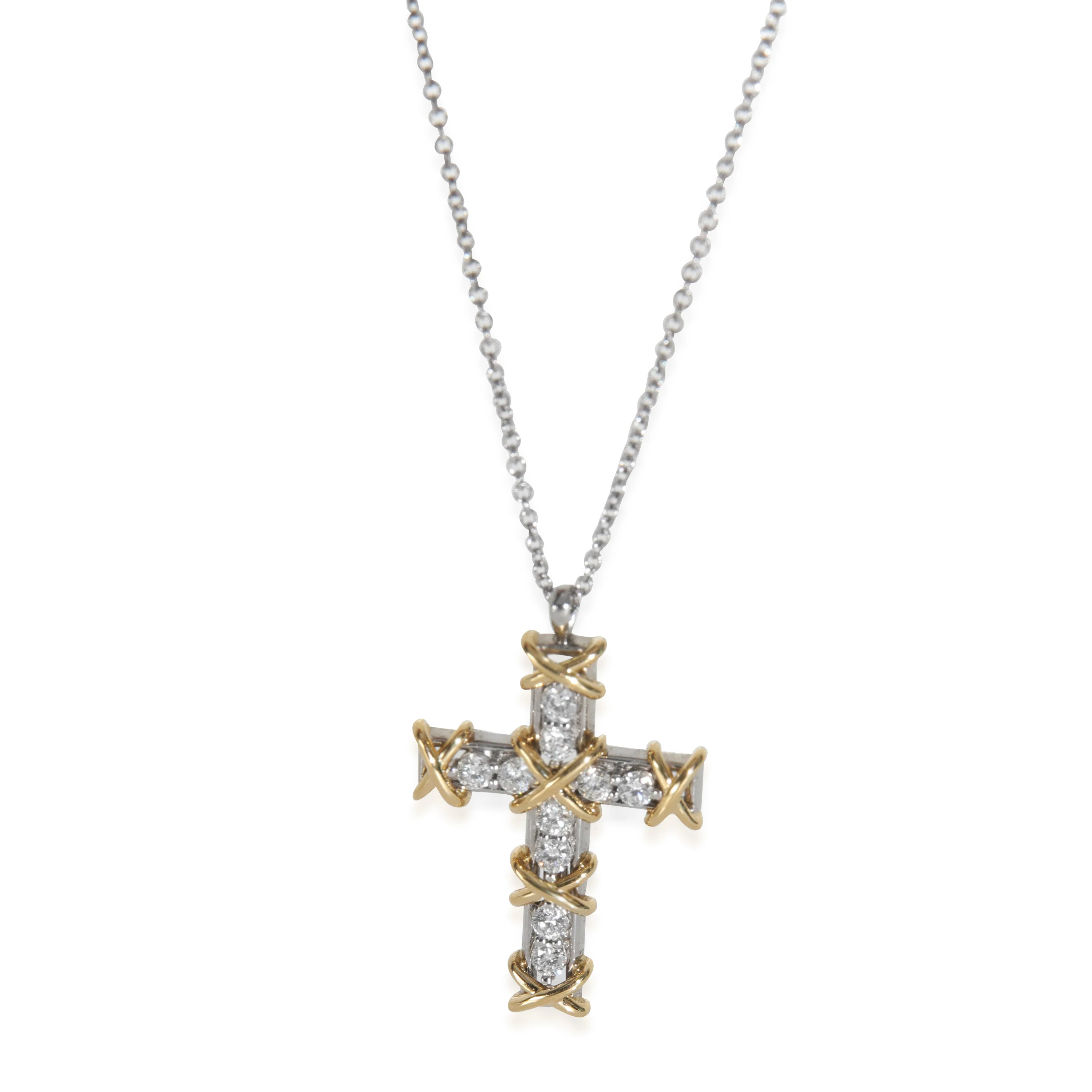 Yellow Gold & Platinum Diamond Schlumberger 16 Stone Cross Pendant