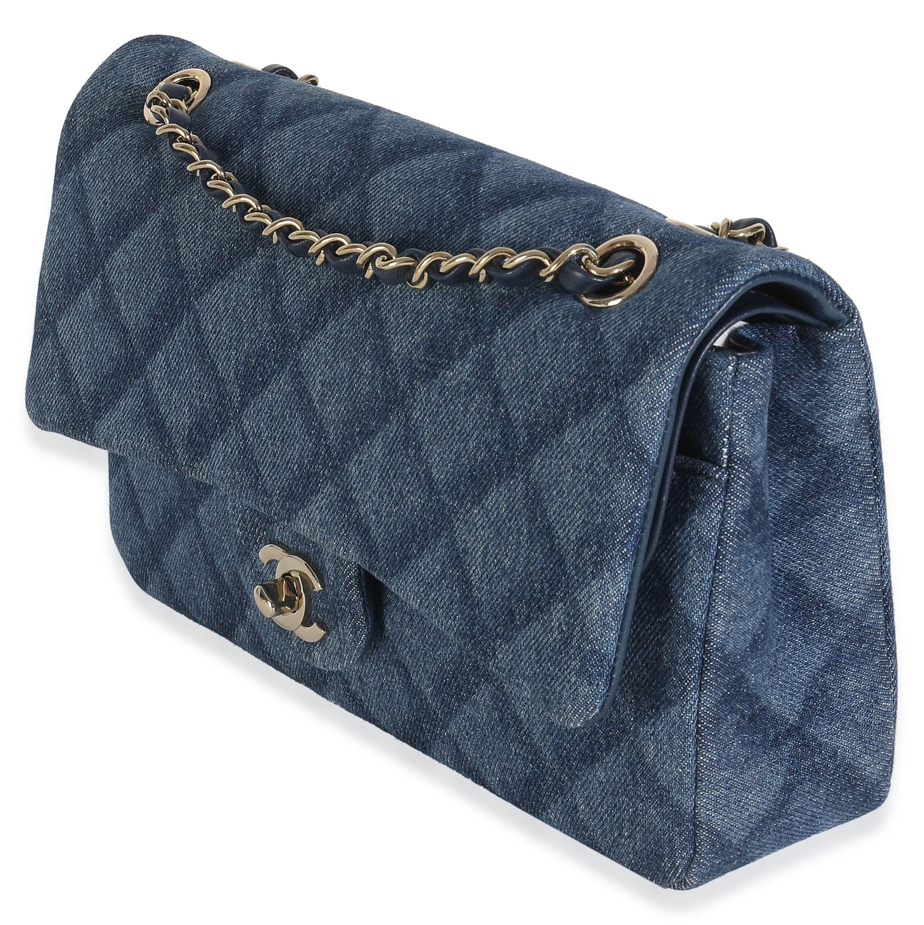 Dark Blue Printed Denim Medium Classic Double Flap Bag - Image 2