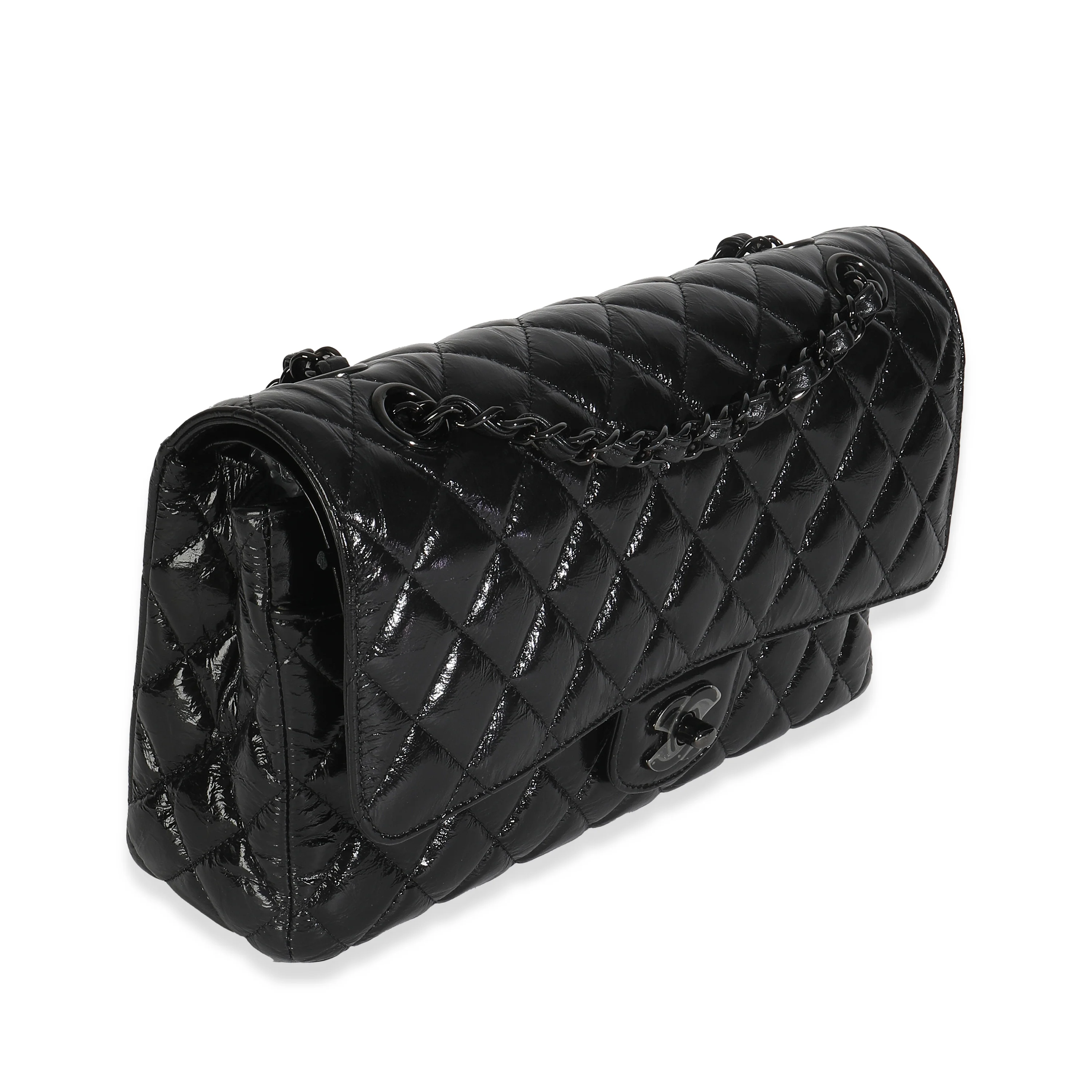 So Black Shiny Crumpled Quilted Calfskin Medium Classic Double Flap Bag - Image 3