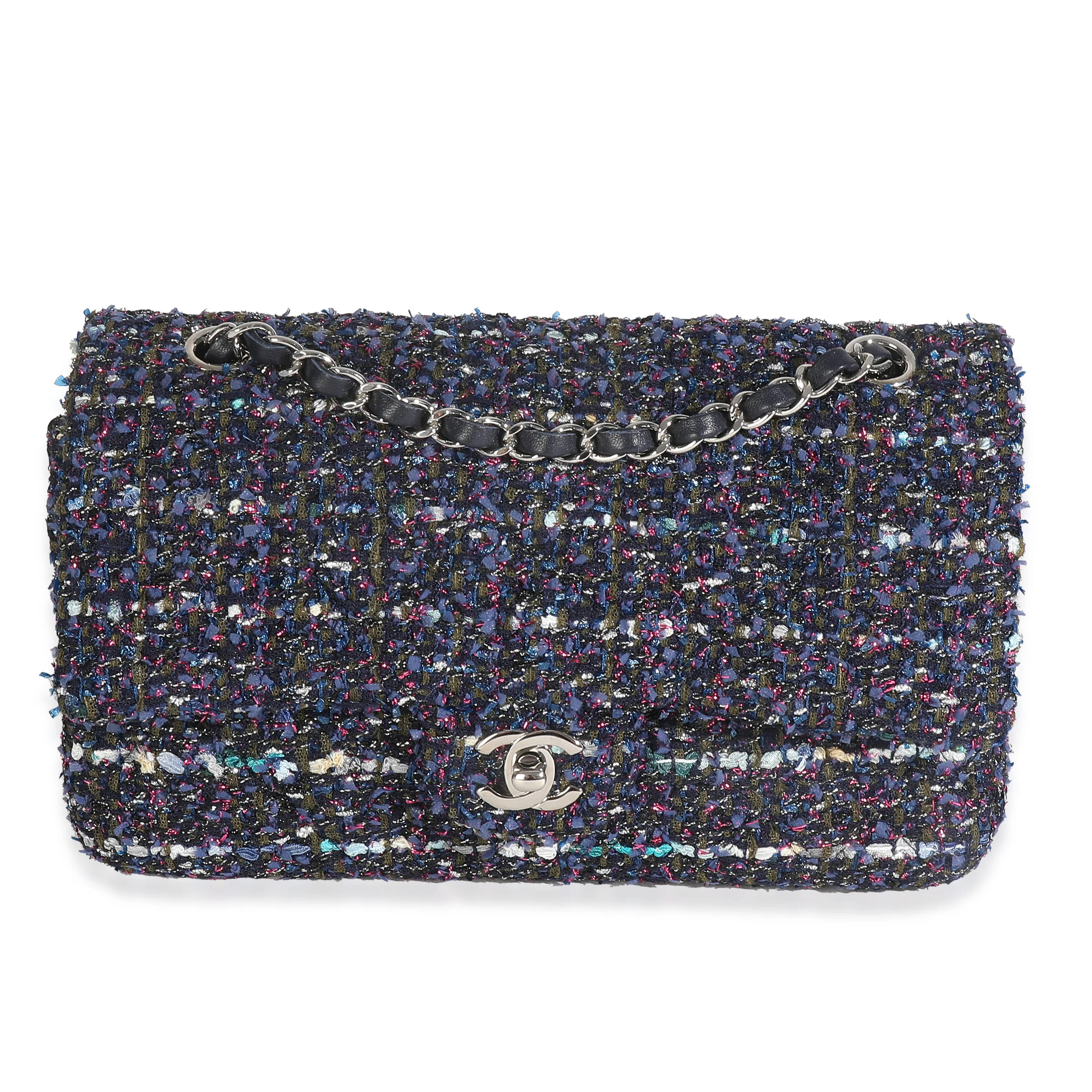 Navy Multicolored Metallic Tweed Medium Classic Double Flap Bag