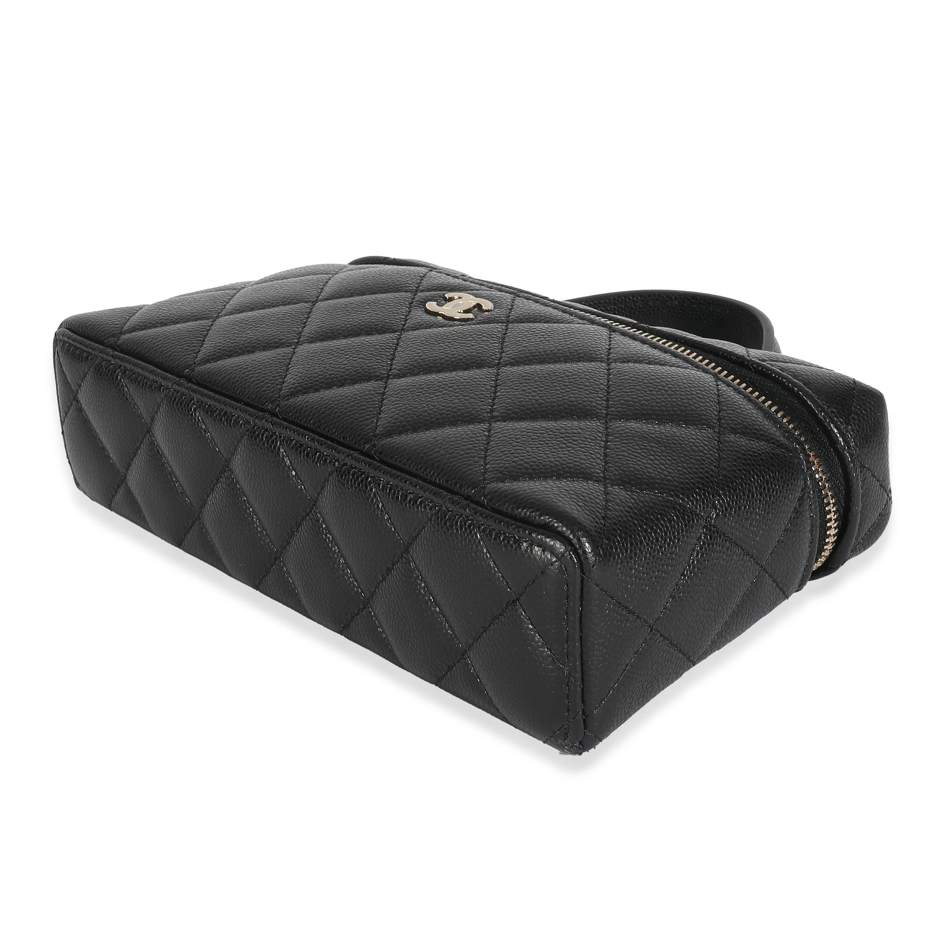 Black Quilted Caviar Top Handle Slim Vanity Handbag with Chain - Image 7