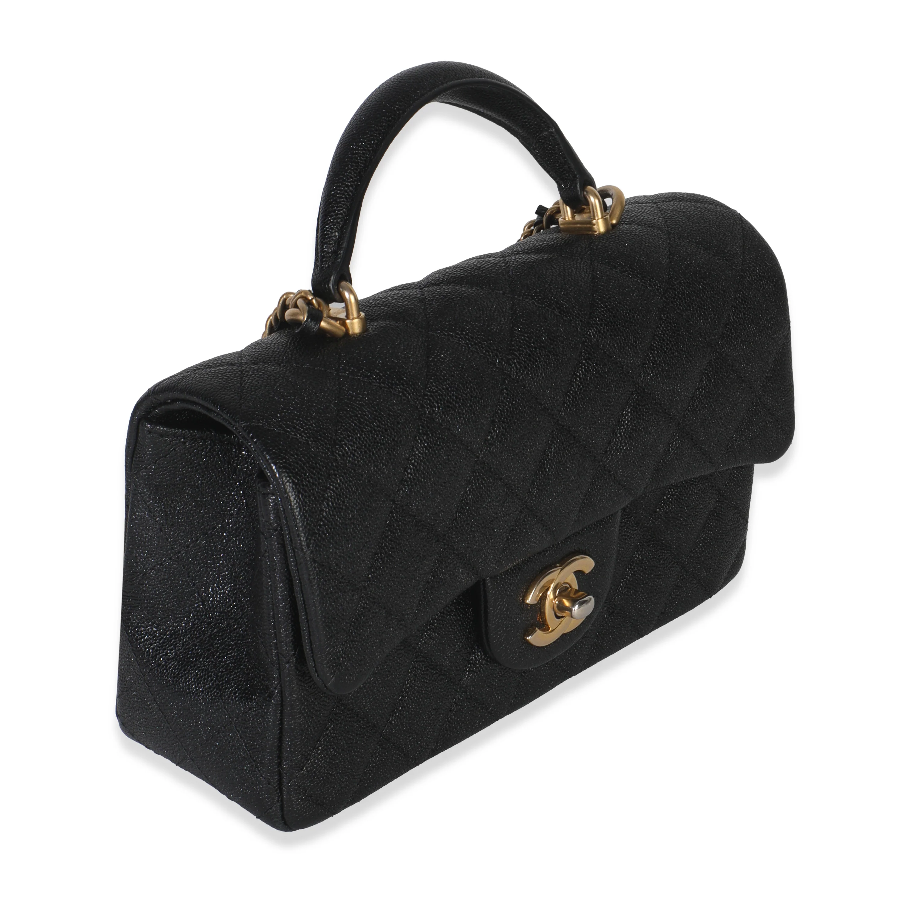 Black Quilted Caviar Mini Top Handle Rectangular Flap Handbag - Image 3