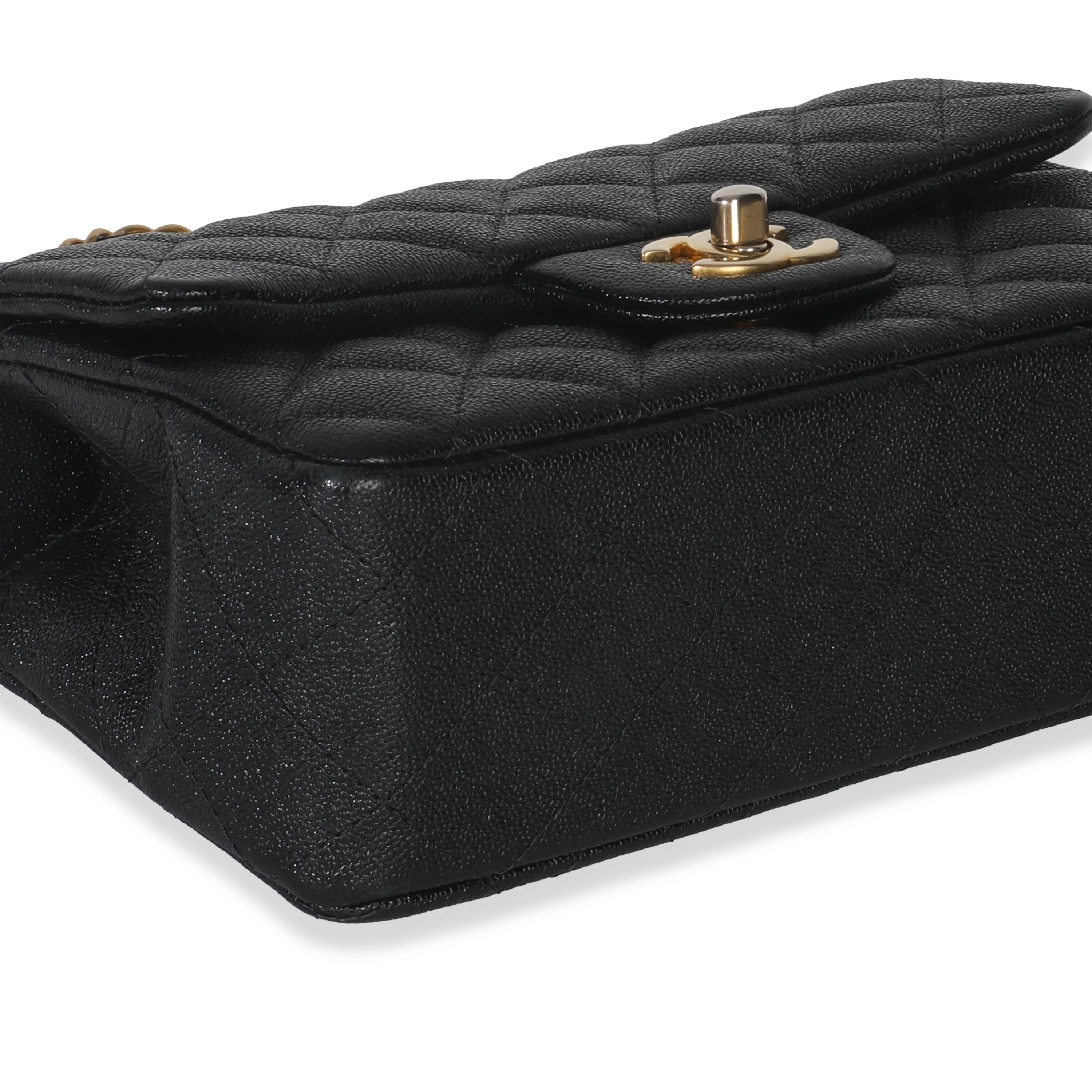 Black Quilted Caviar Mini Top Handle Rectangular Flap Handbag - Image 6