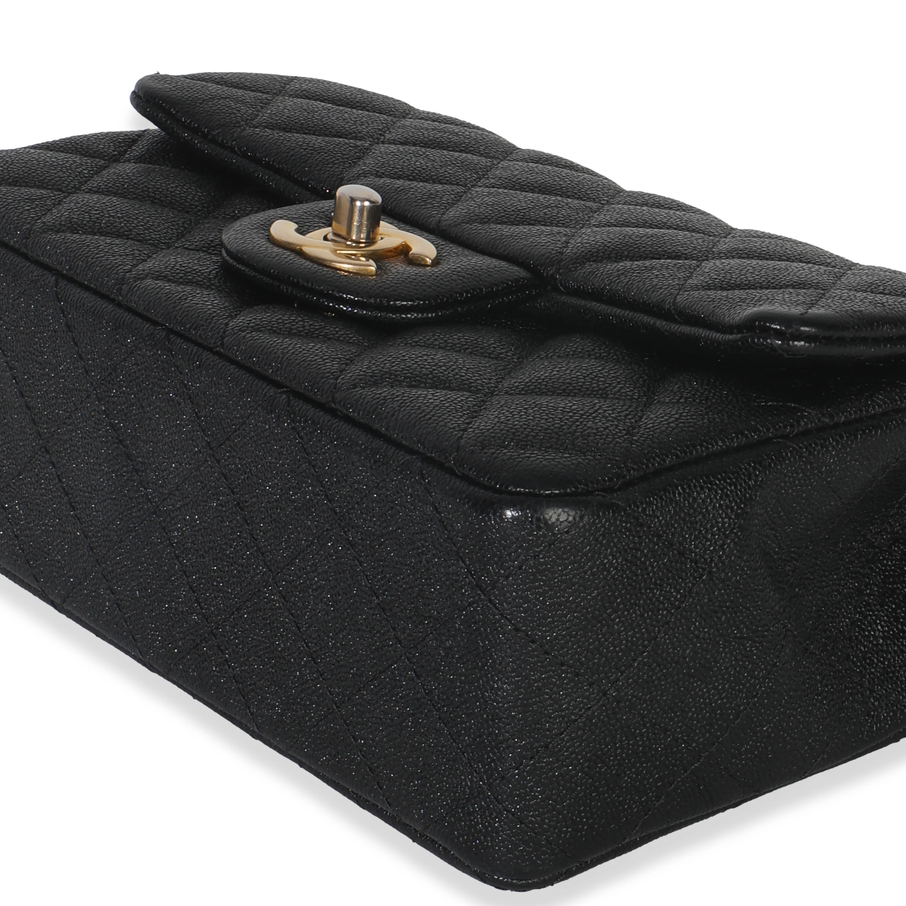 Black Quilted Caviar Mini Top Handle Rectangular Flap Handbag - Image 7