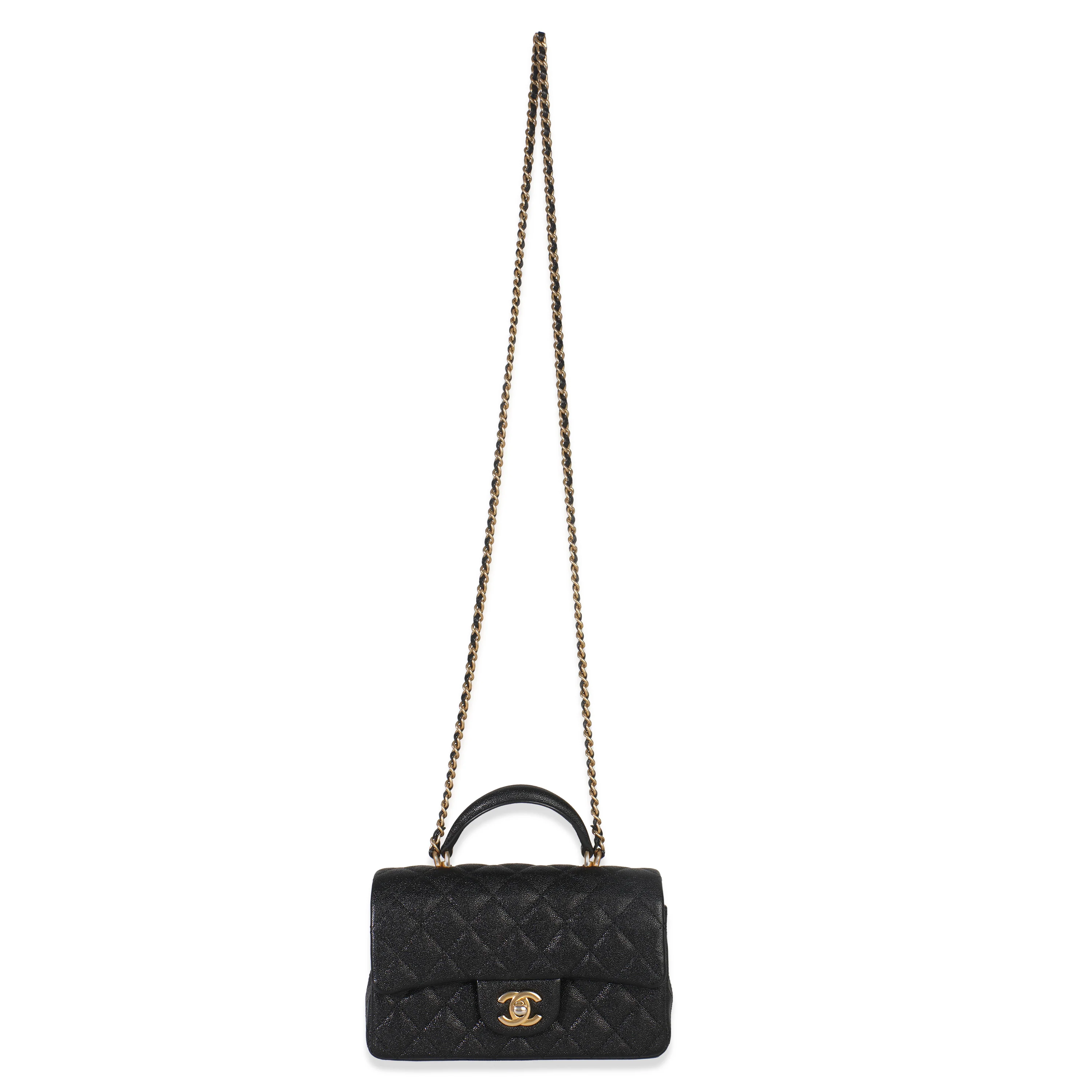Black Quilted Caviar Mini Top Handle Rectangular Flap Handbag - Image 9