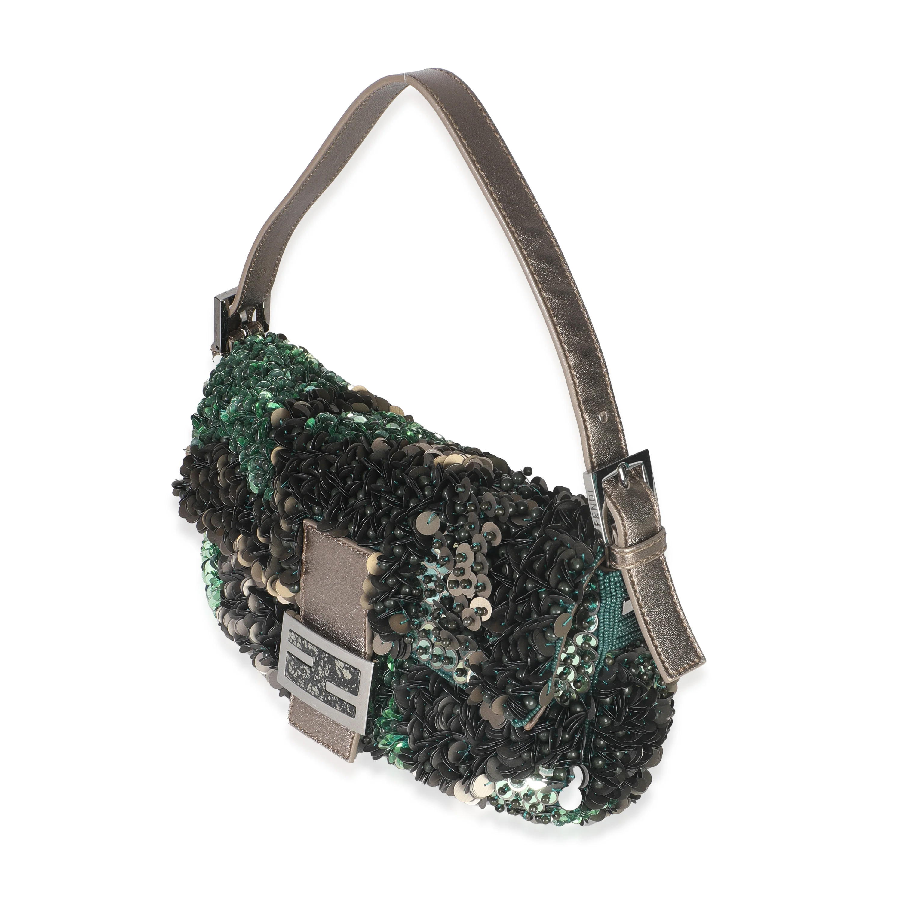 Green Metallic Leather Beaded Sequin Medium Baguette - Image 2