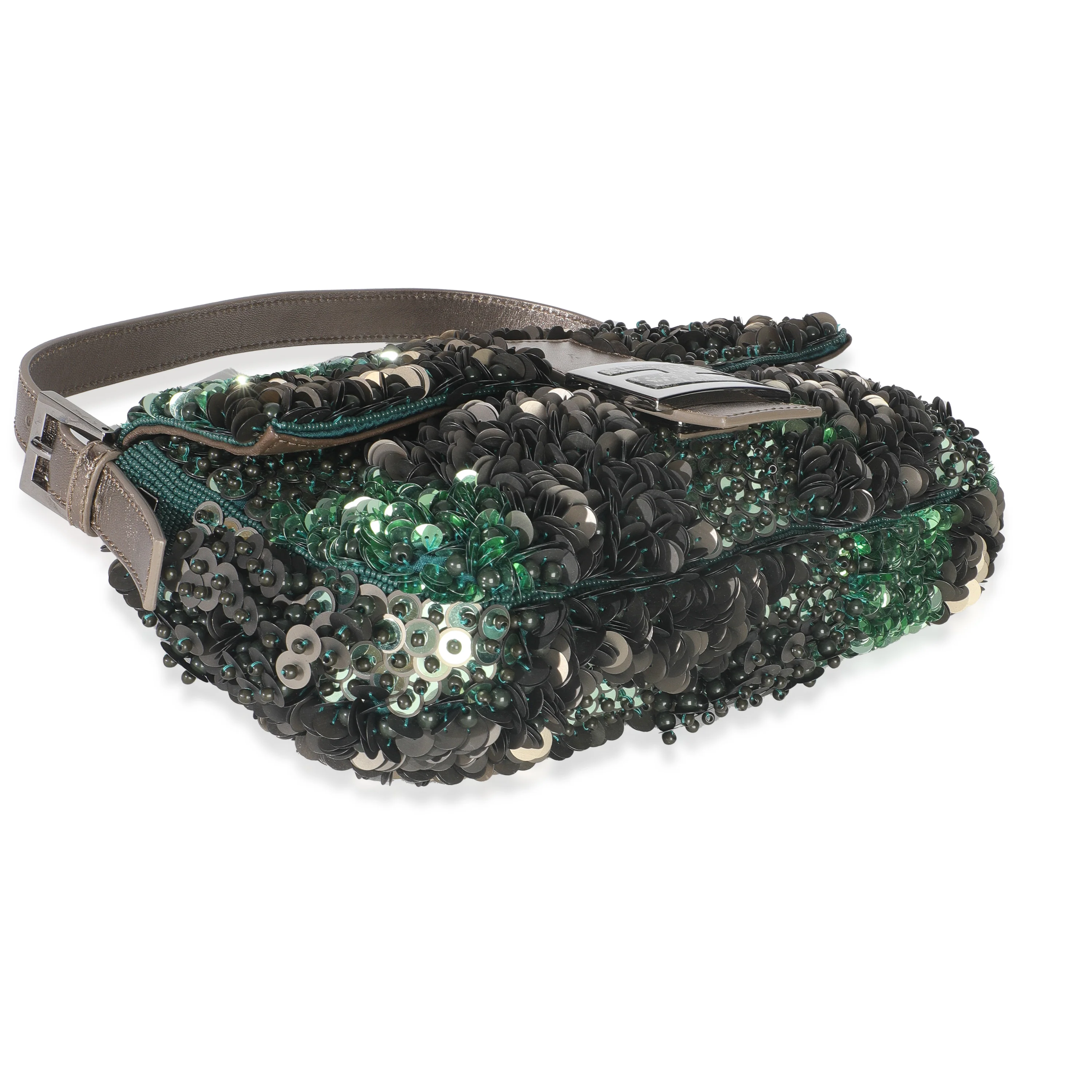 Green Metallic Leather Beaded Sequin Medium Baguette - Image 6