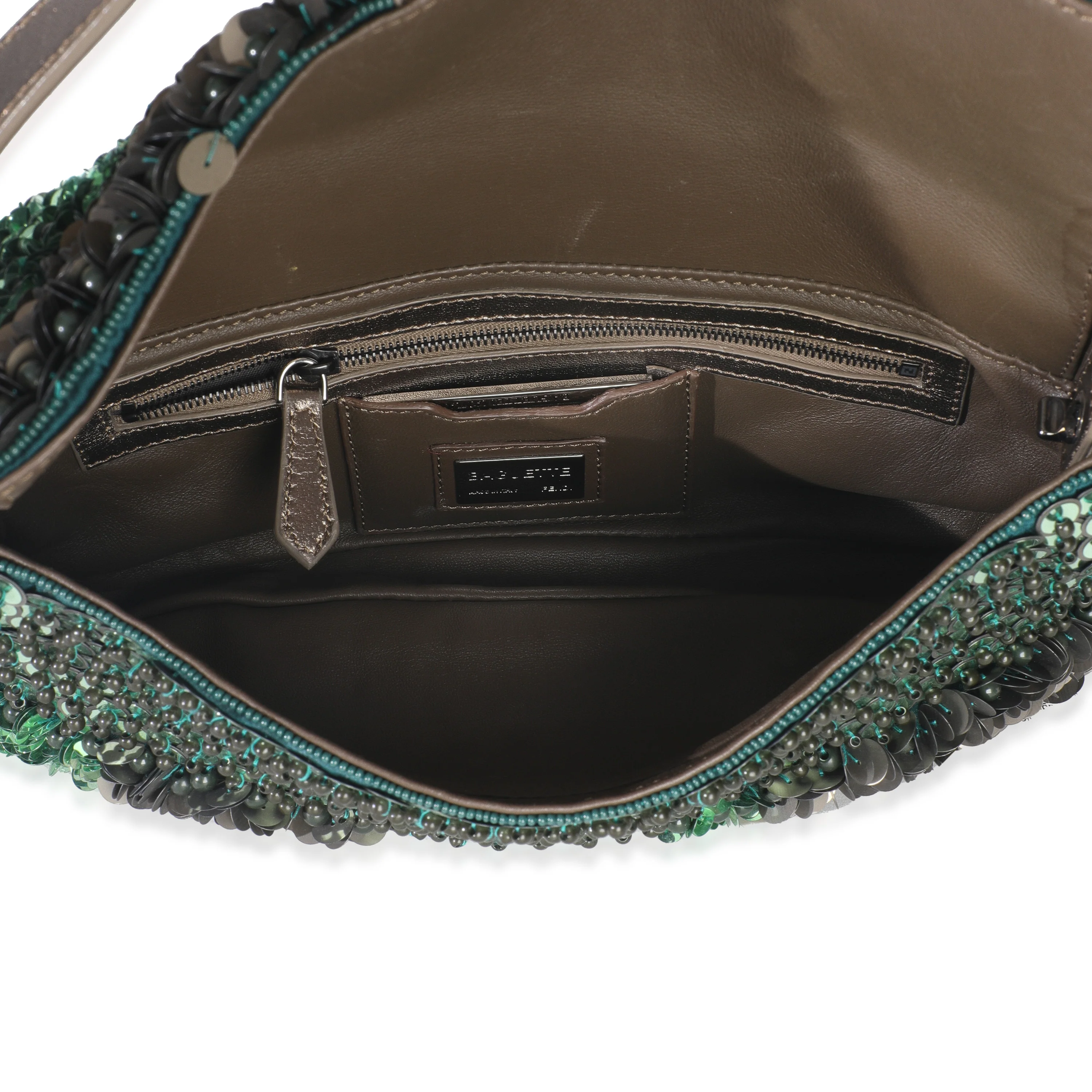 Green Metallic Leather Beaded Sequin Medium Baguette - Image 8