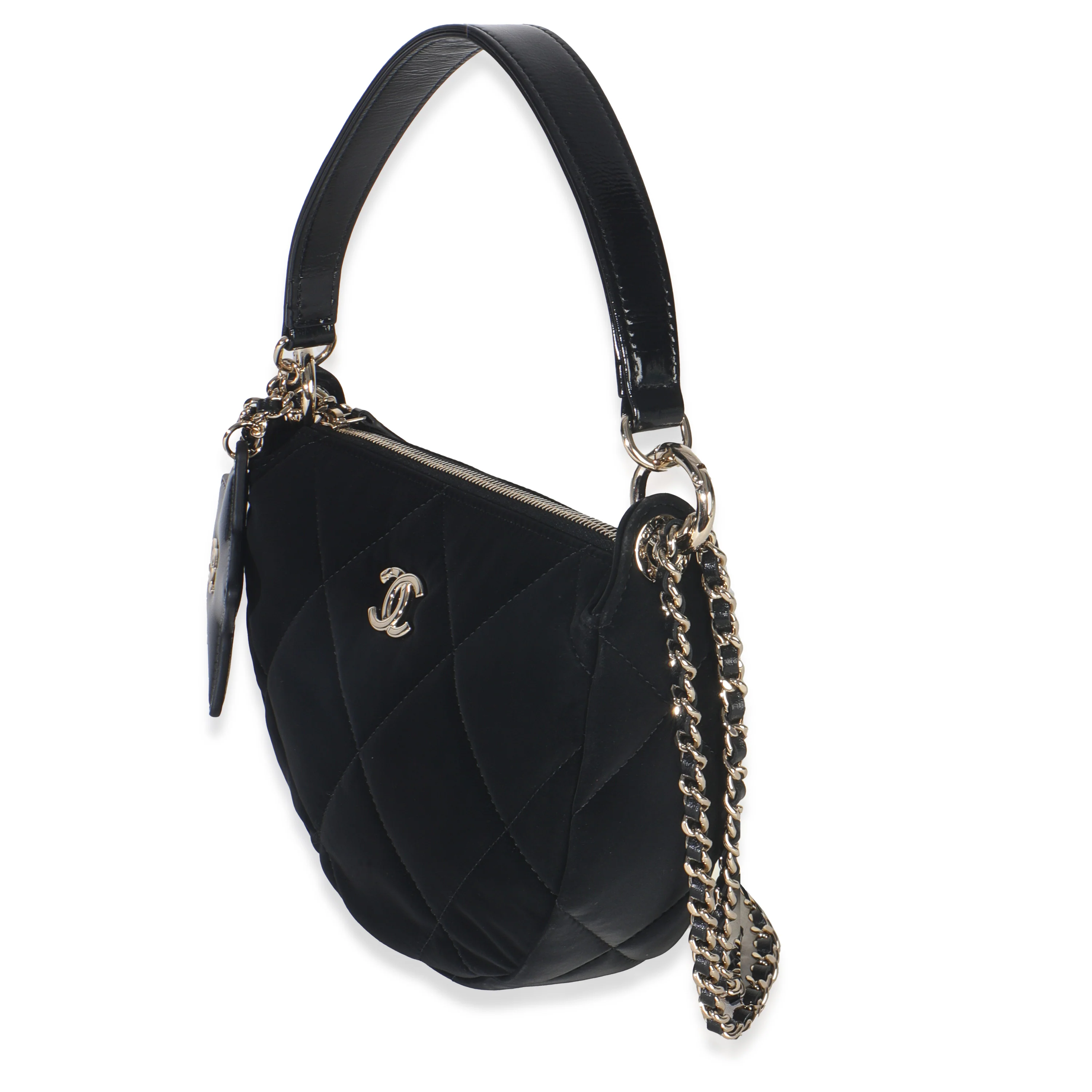 Black Velvet Effect Nylon Clutch with Chain - Image 2