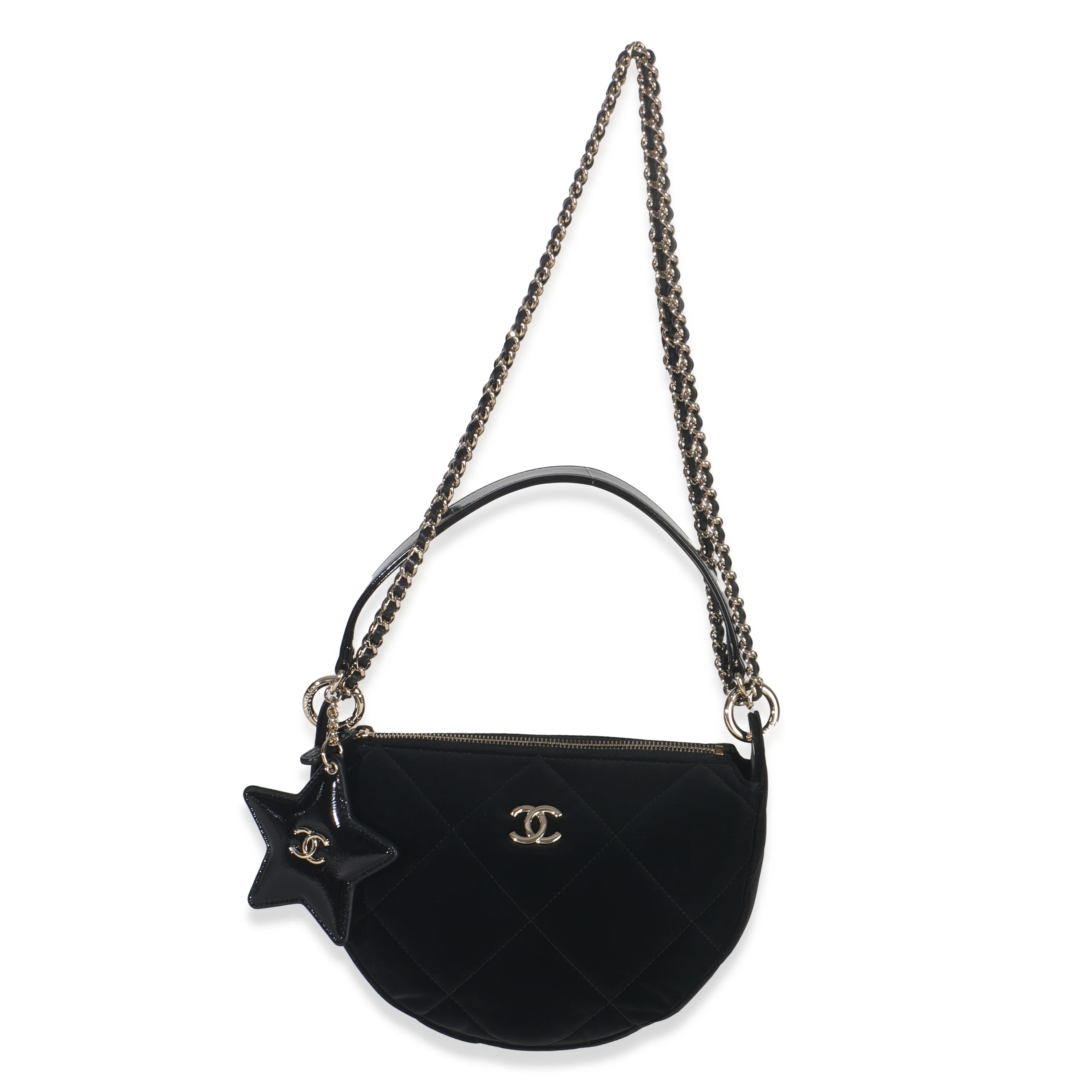 Black Velvet Effect Nylon Clutch with Chain - Image 9