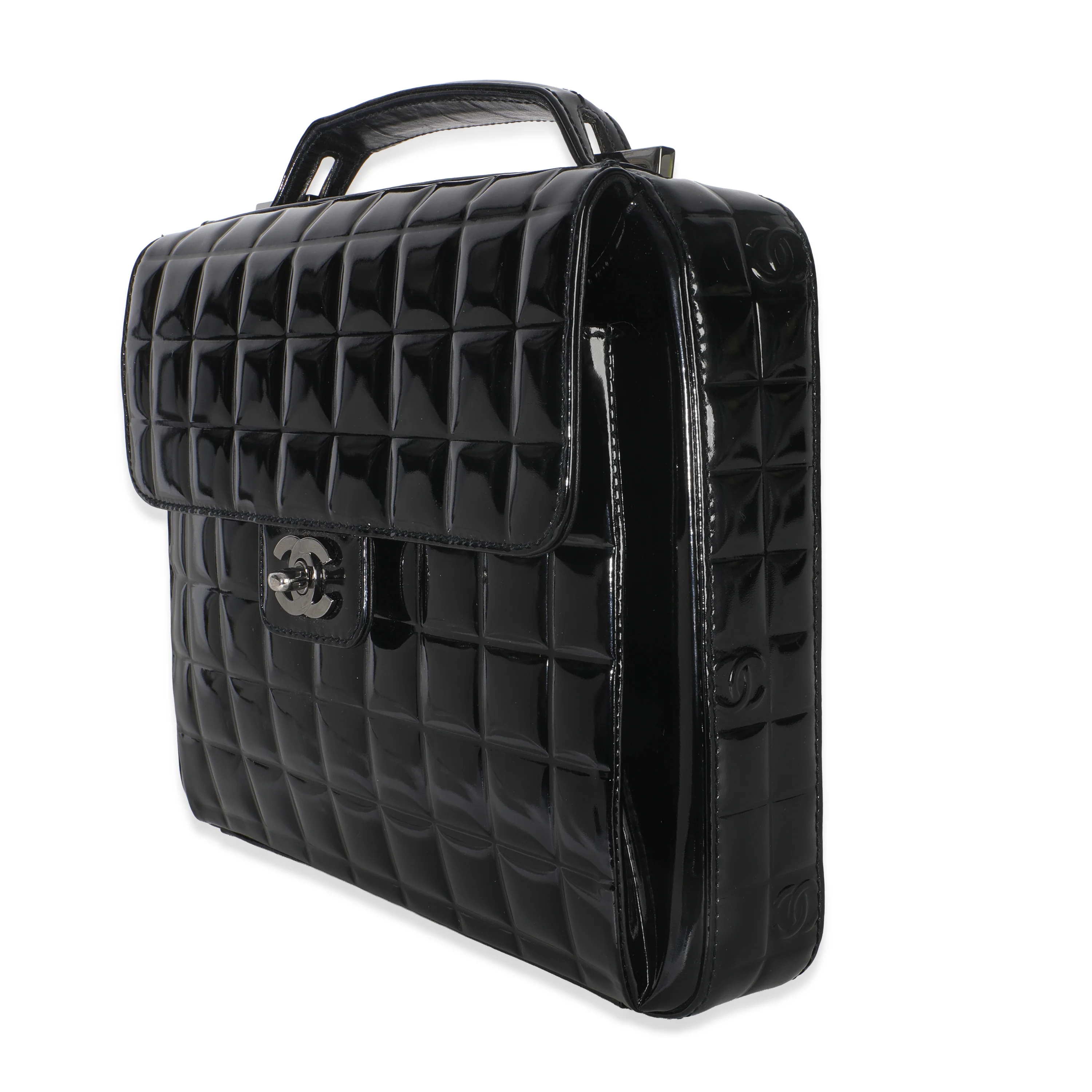 Black Patent Chocolate Bar Top Handle Flap Bag - Image 2