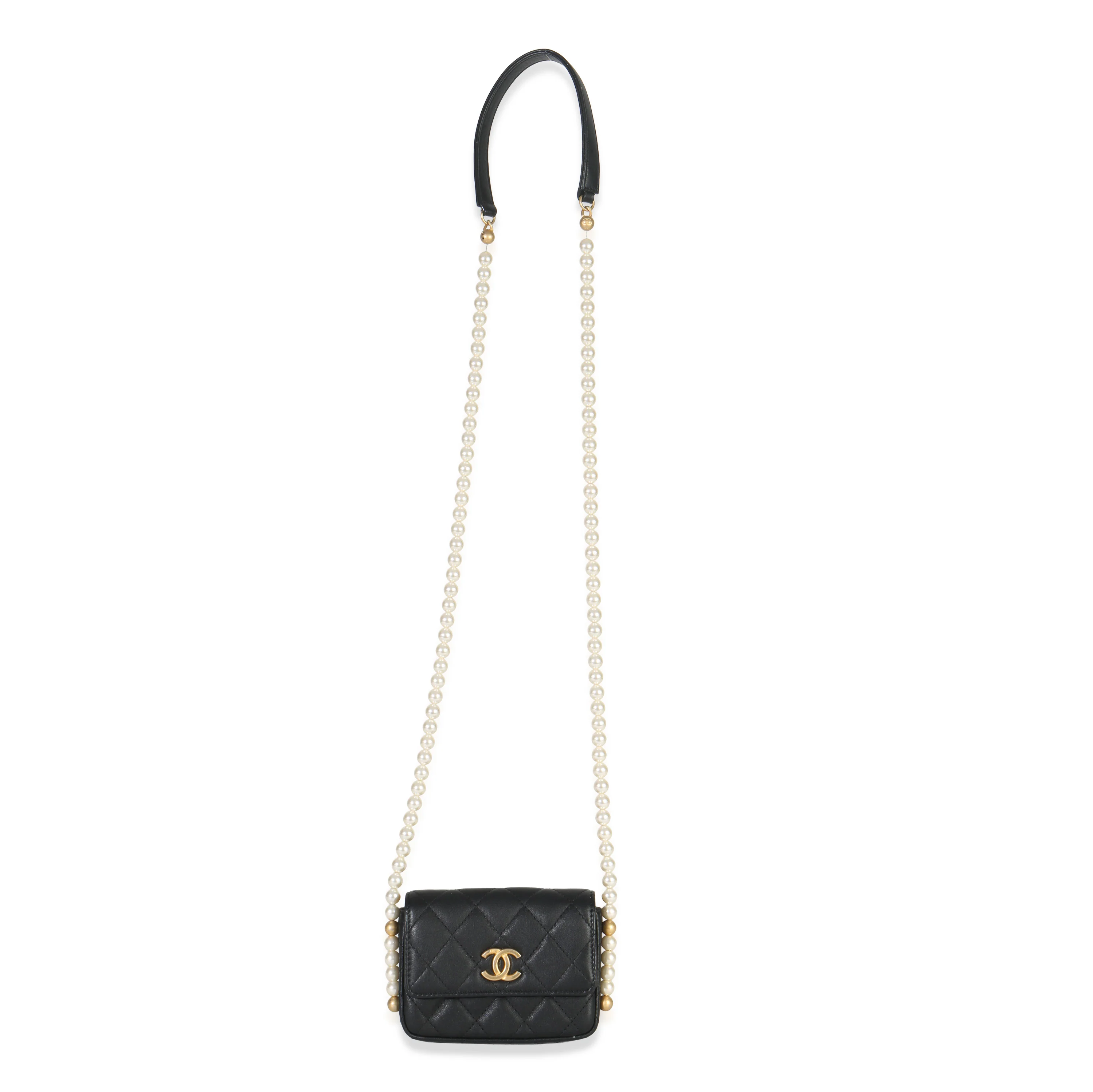 Black Quilted Calfskin About Pearls Card Holder With Chain - Image 8