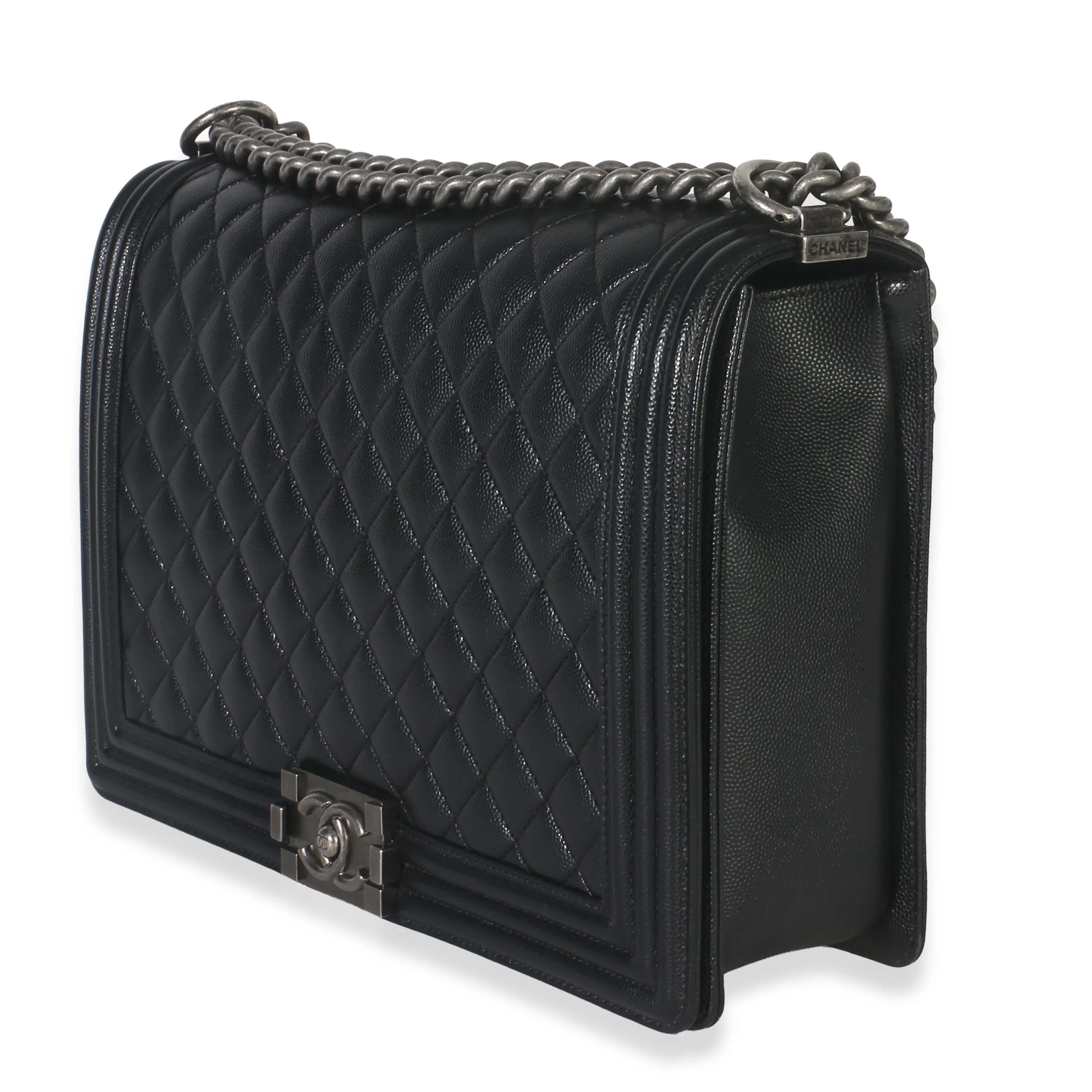 Black Quilted Caviar Large Boy Handbag - Image 2