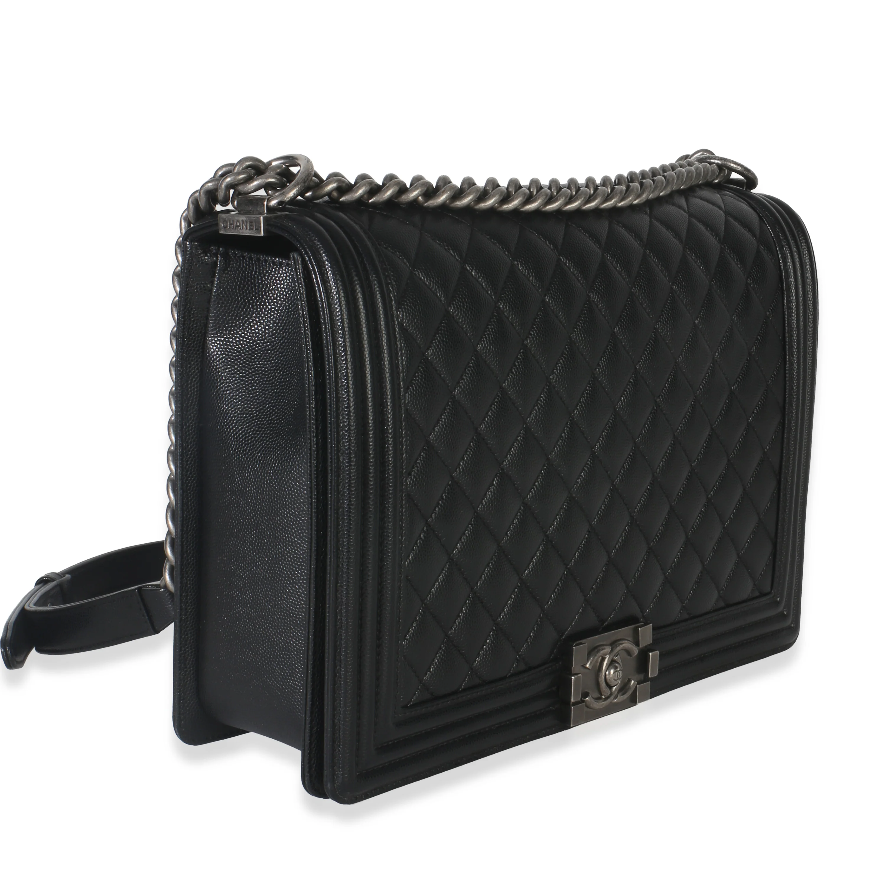 Black Quilted Caviar Large Boy Handbag - Image 3