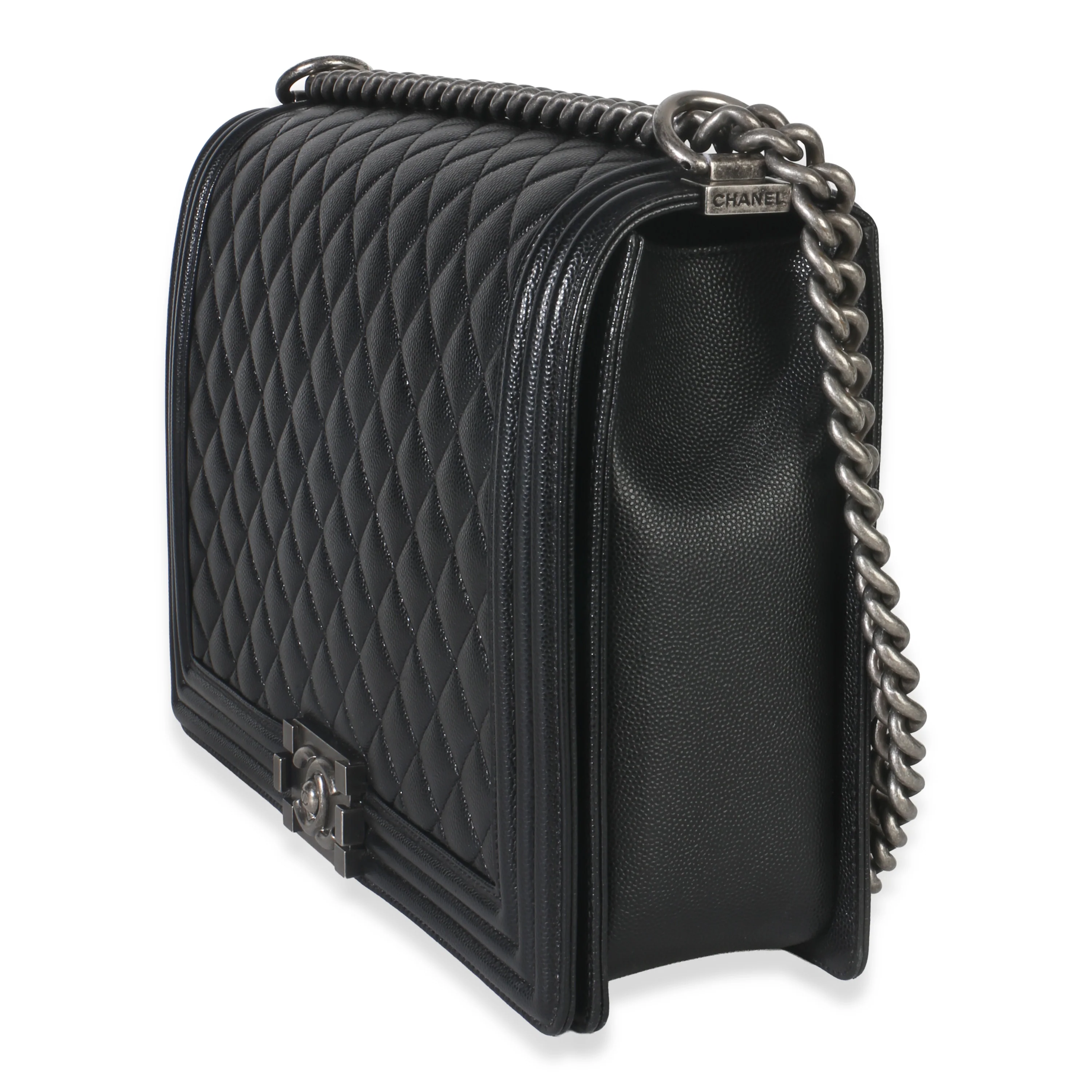 Black Quilted Caviar Large Boy Handbag - Image 4