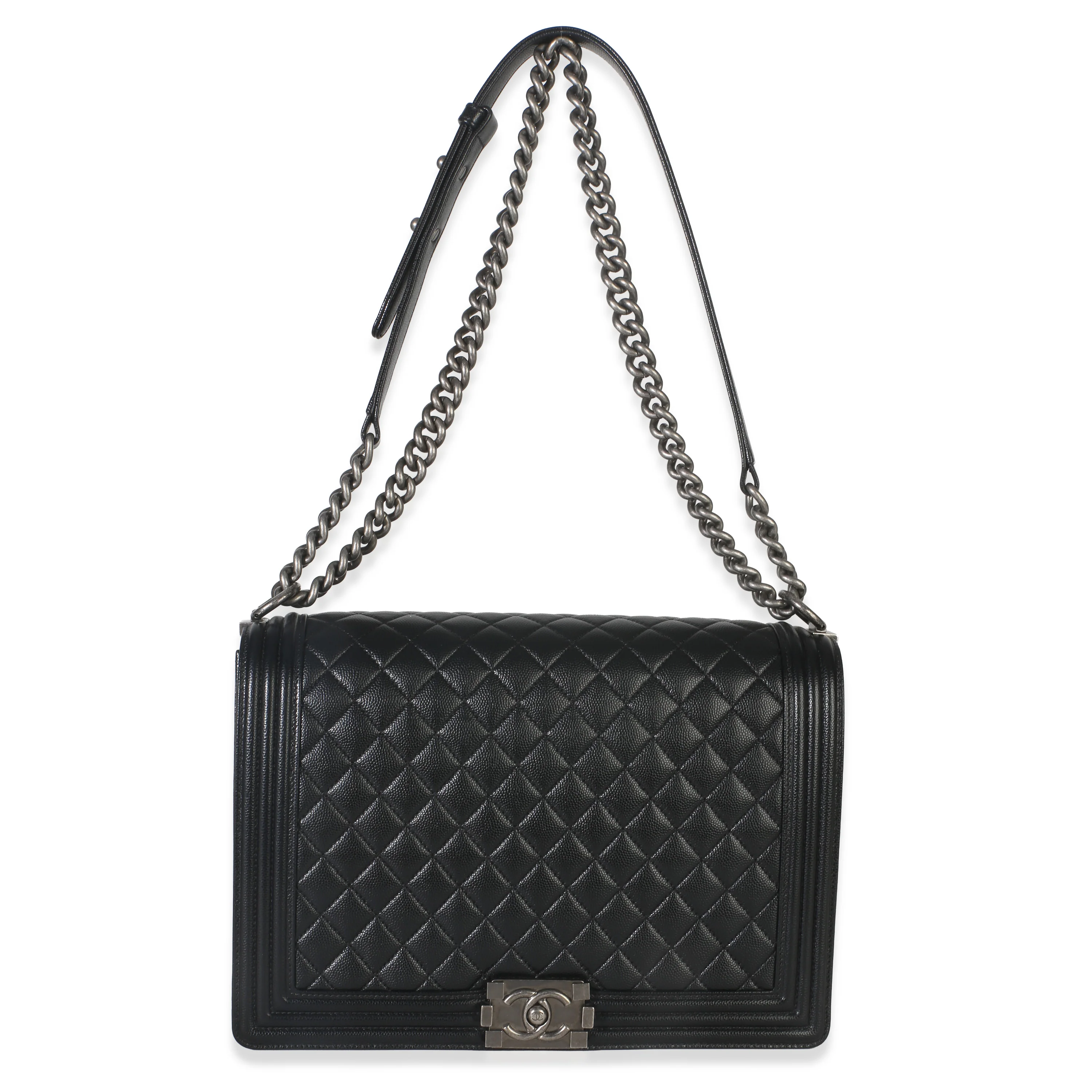 Black Quilted Caviar Large Boy Handbag - Image 9